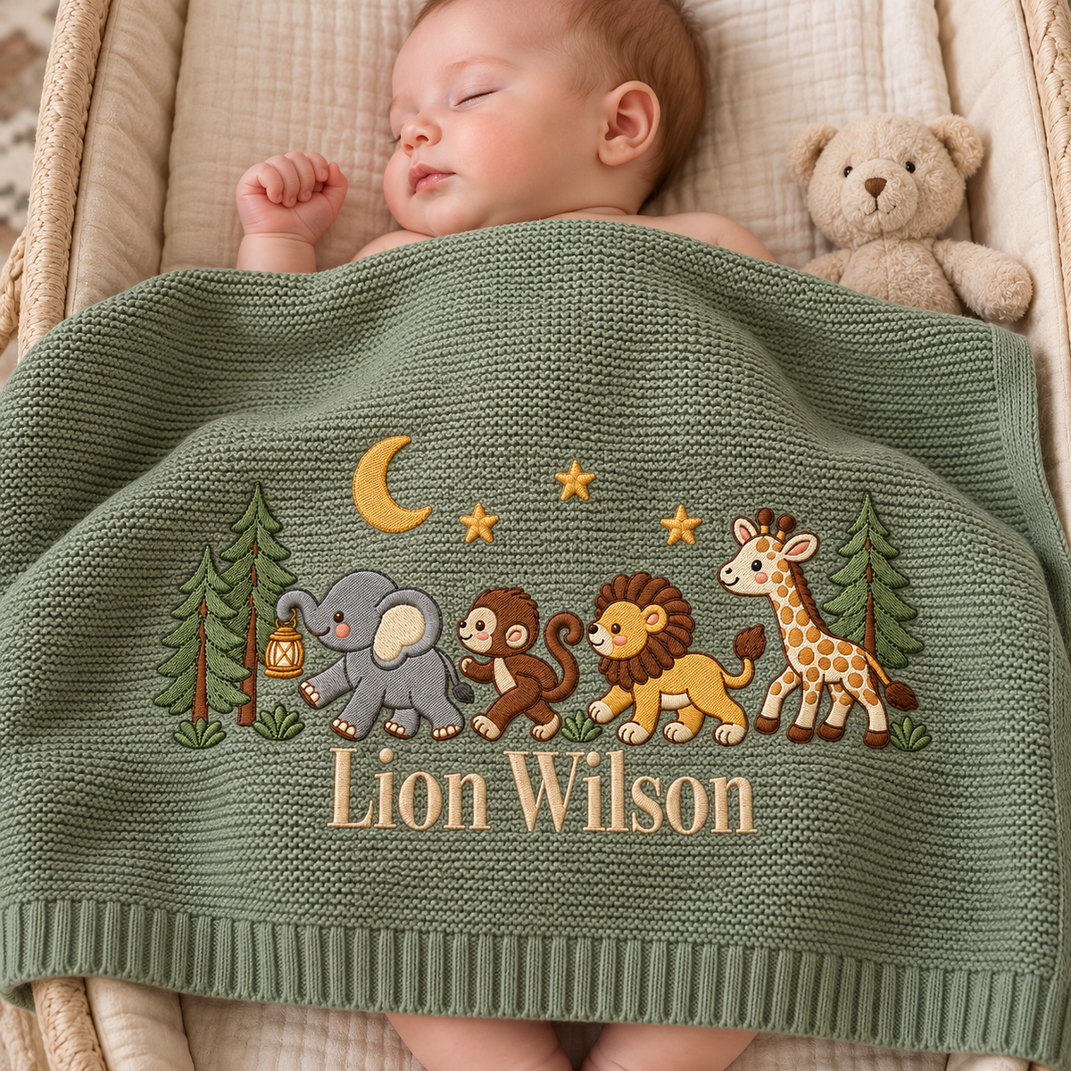 Personalized Embroidered Baby Blanket Custom Elephant Lion Giraffe Knit Baby Shower Gift