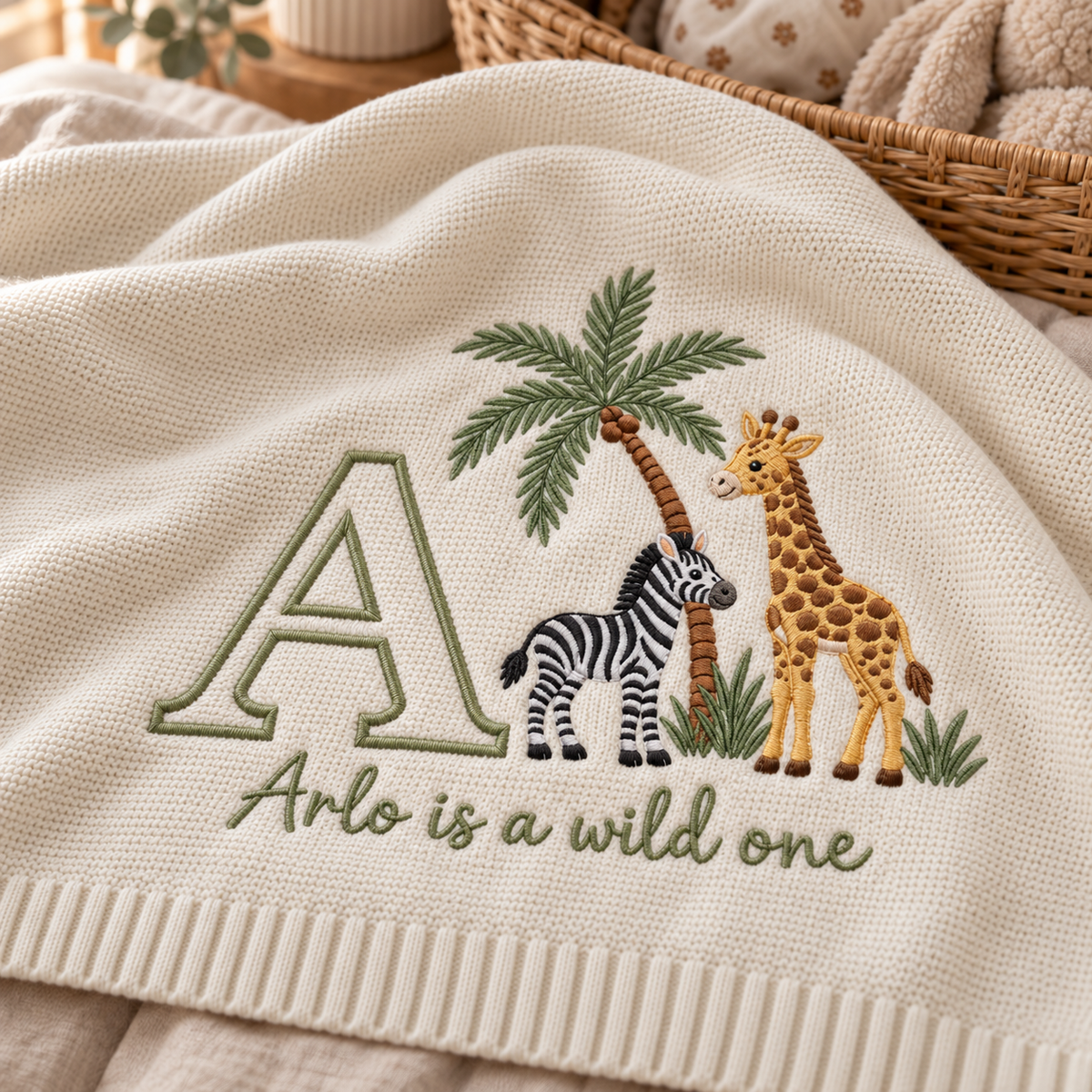 Personalized Embroidered Baby Blanket Custom Initial Wild One Knit Nursery Blanket