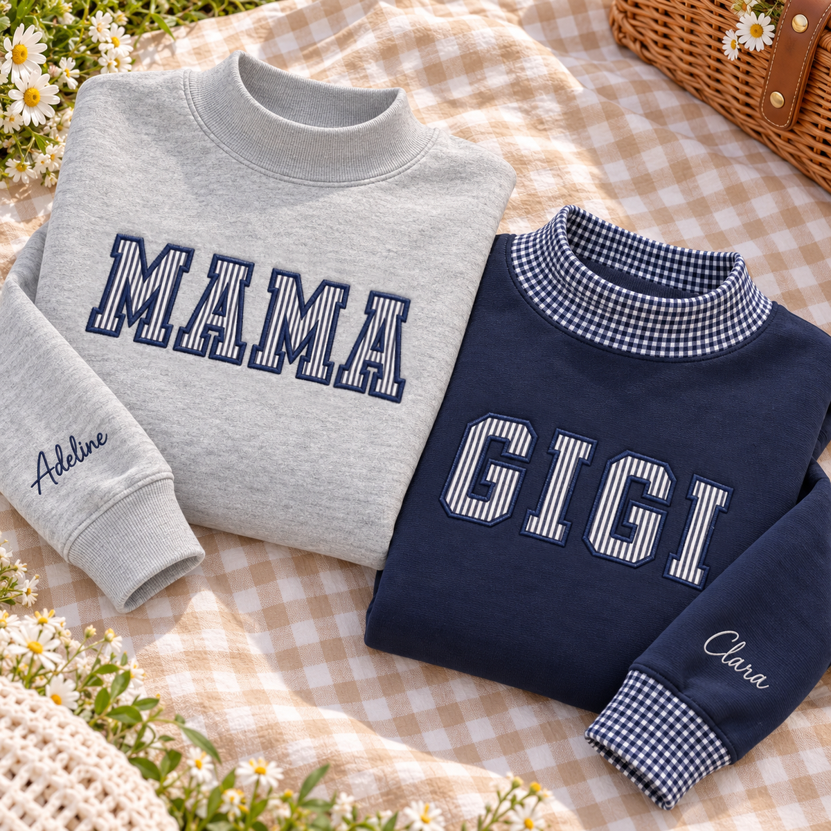 Custom Family Applique Embroid Name Gingham Collar Sleeve Pullover Mockneck Sweatshirt