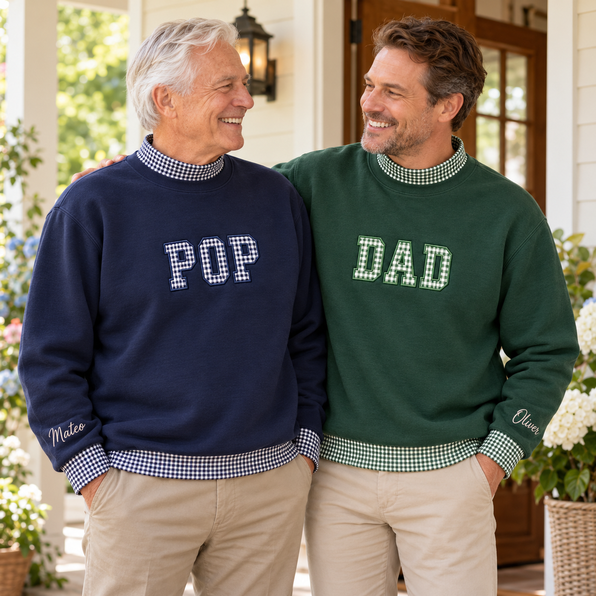 Custom Name Family Applique Embroid Gingham Polka Dot Collar Mockneck Sweatshirt