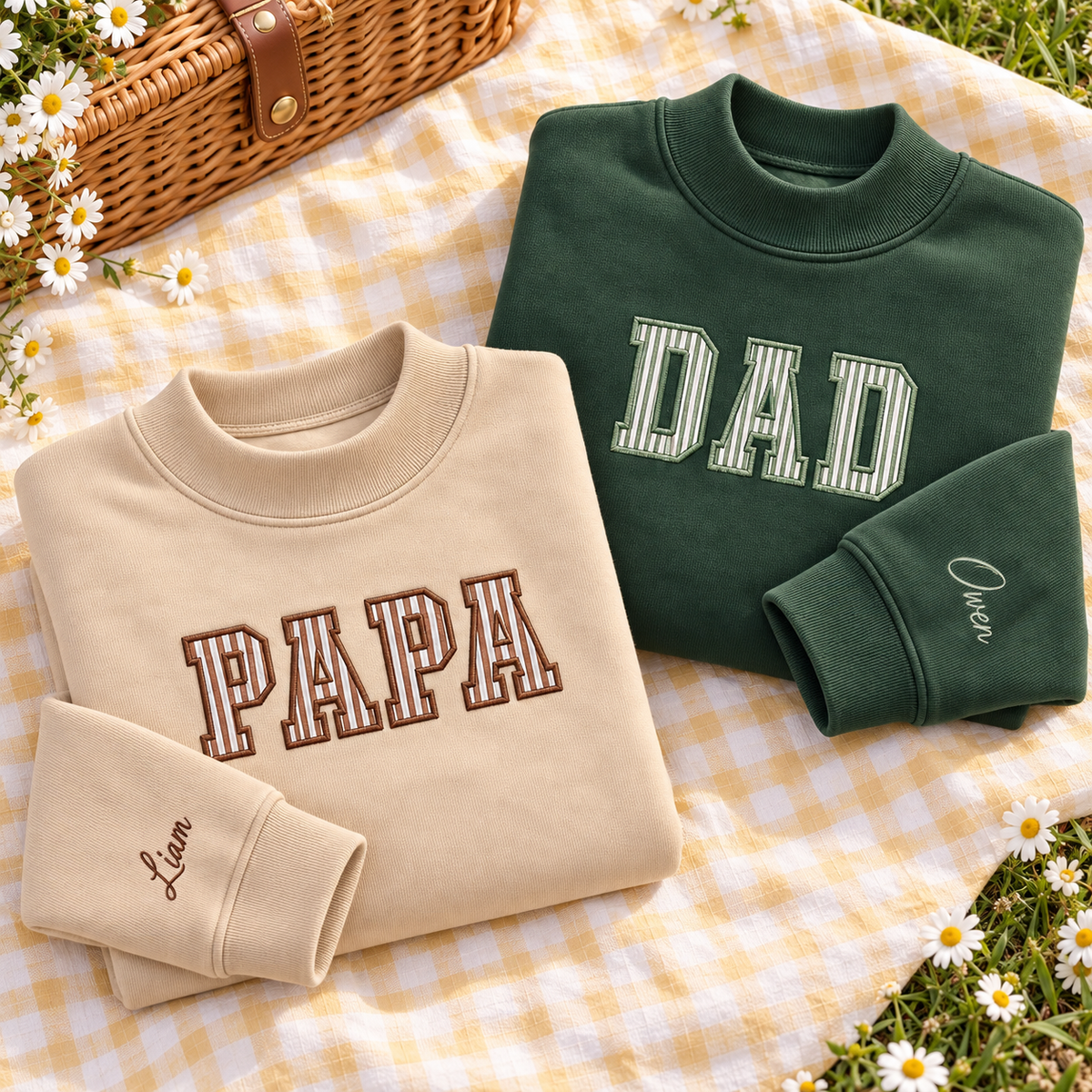Custom Name Family Applique Embroid Stripe Gingham Collar Sleeve Mockneck Sweatshirt