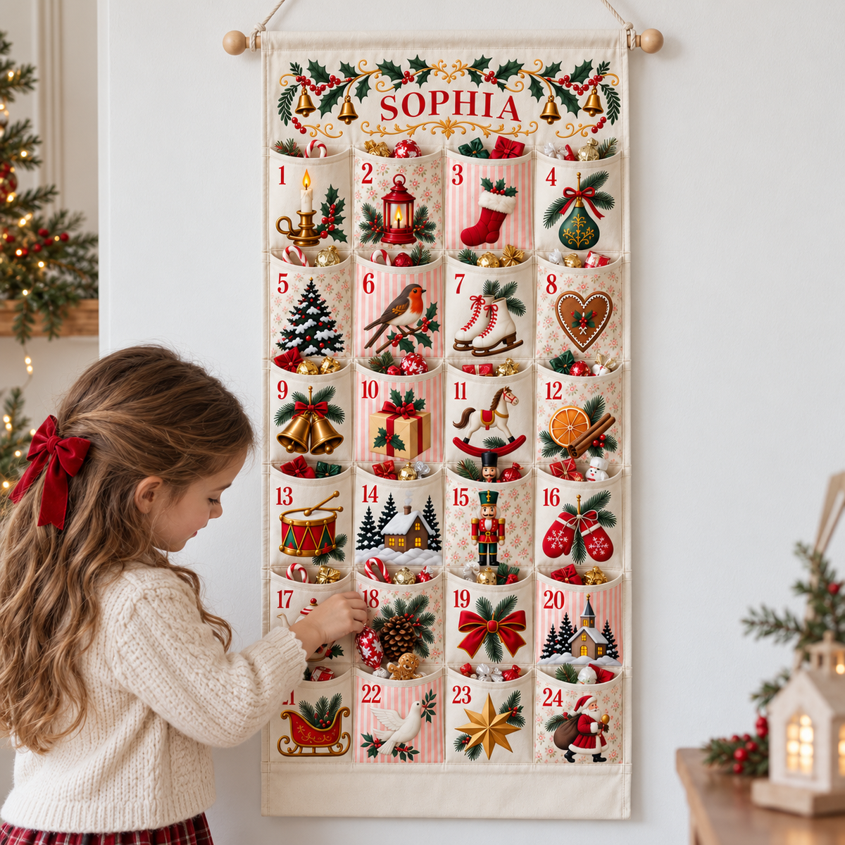 Custom Name Embroid Christmas Advent Calendar Classic Holiday Wall Hanging Pocket