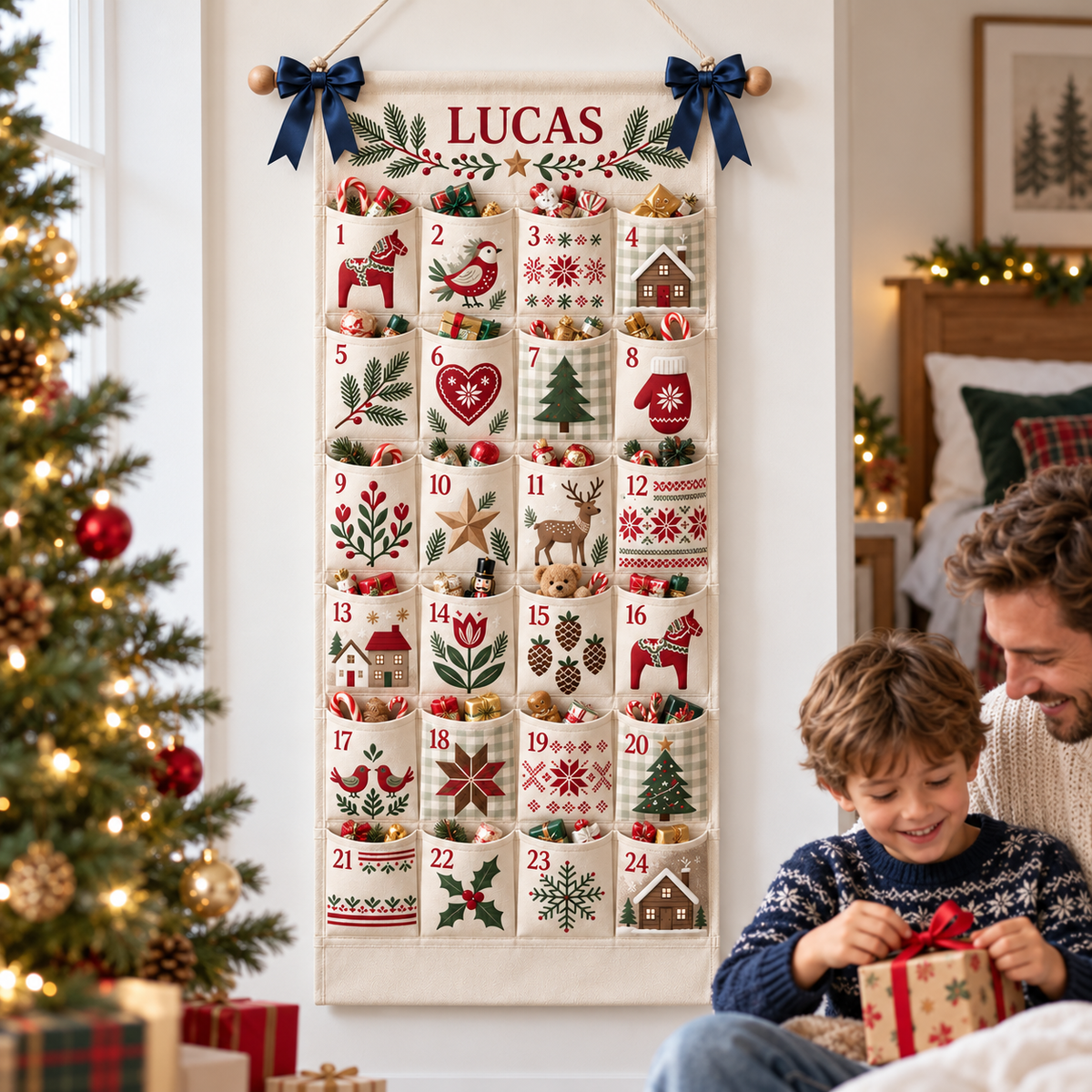 Custom Name Embroid Christmas Advent Calendar Nordic Folk Art Wall Hanging Pocket