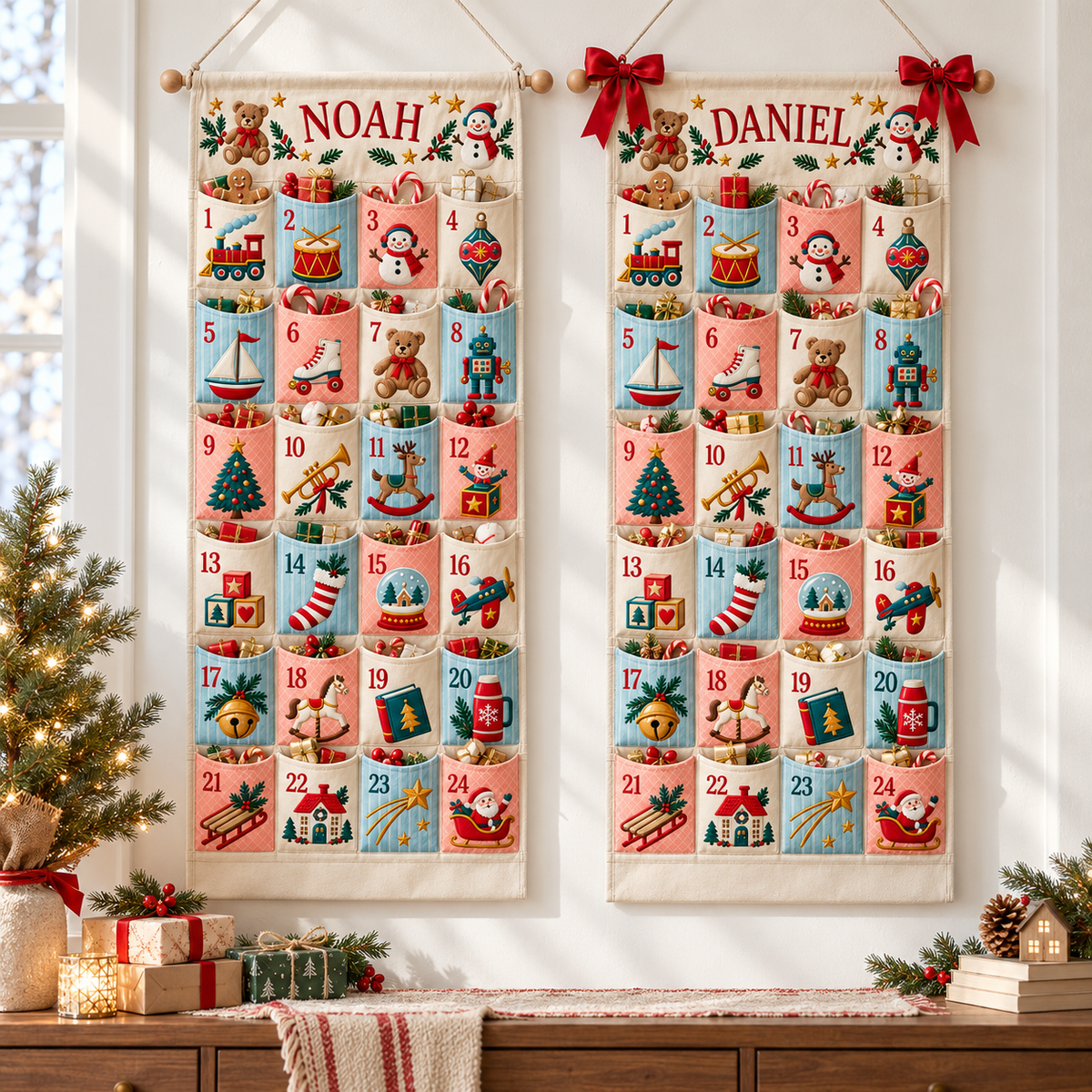 Custom Name Embroid Christmas Advent Calendar Retro Toy Train Wall Hanging Pocket