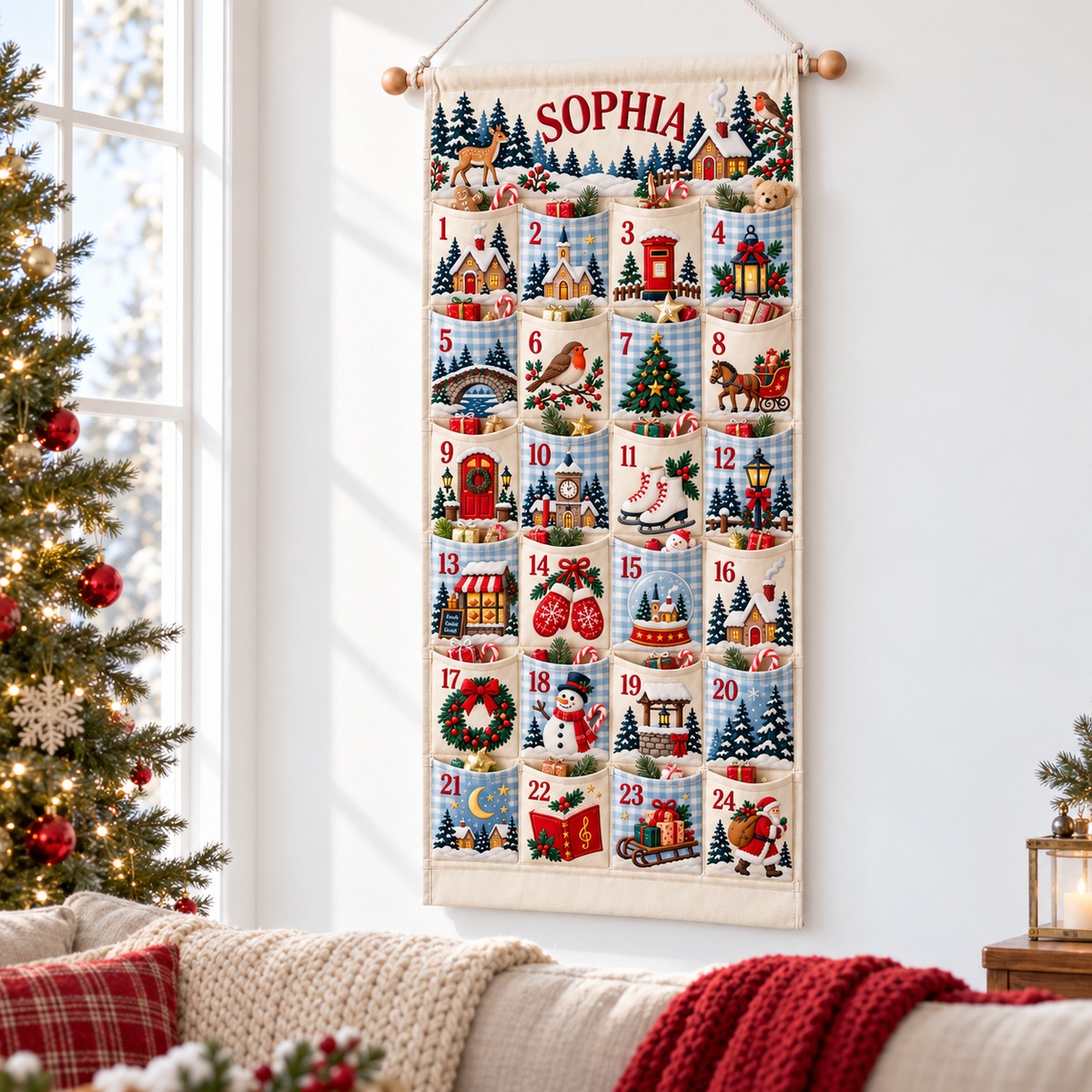 Custom Name Embroid Christmas Advent Calendar Country Village Wall Hanging Pocket