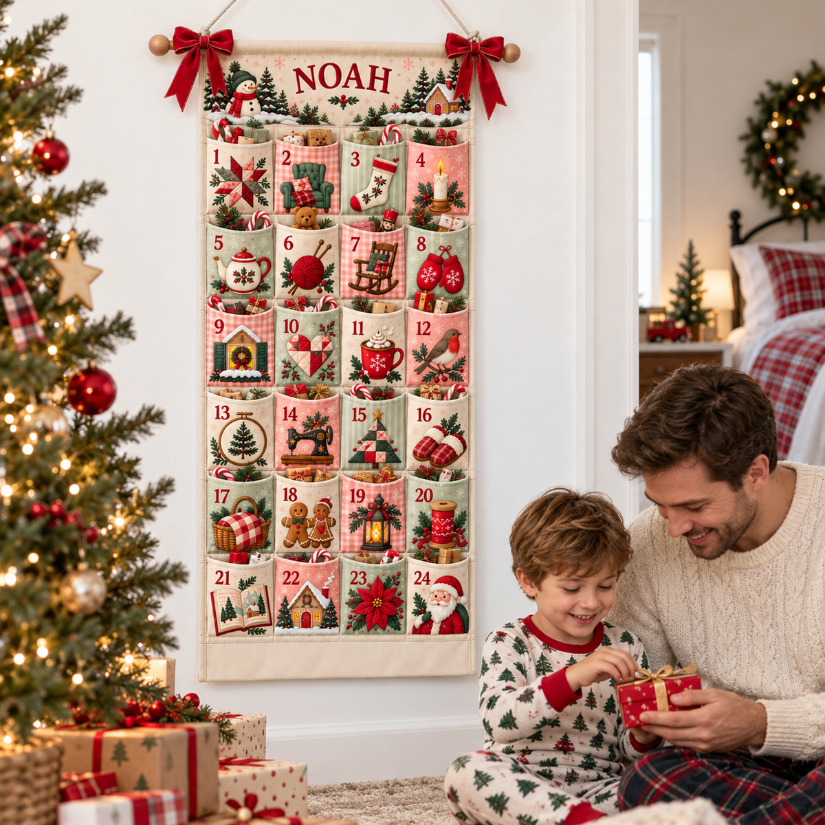Custom Name Embroid Christmas Advent Calendar Cozy Handcraft Wall Hanging Pocket