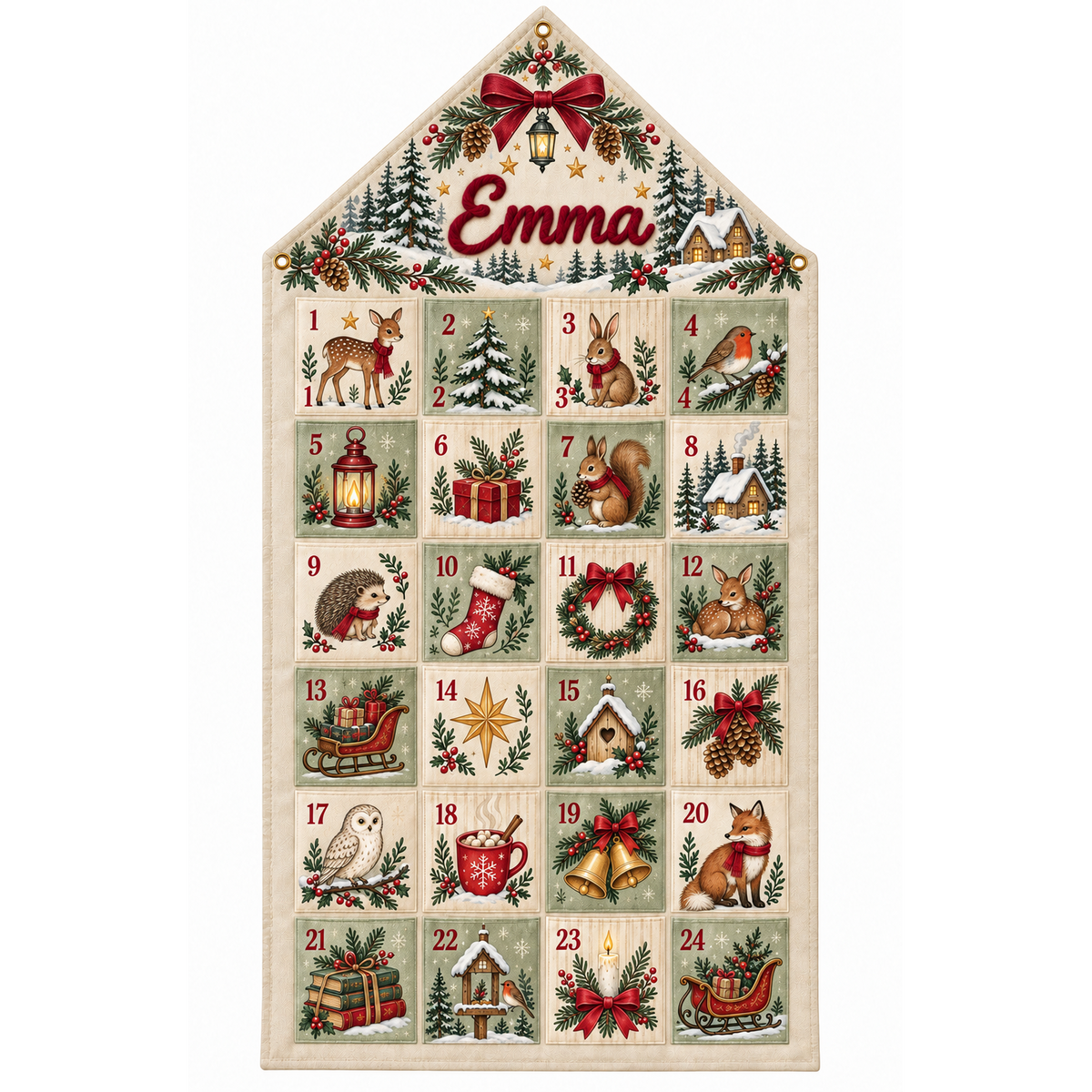 Custom Name Embroid Christmas Advent Calendar Woodland Animal Wall Hanging Pocket