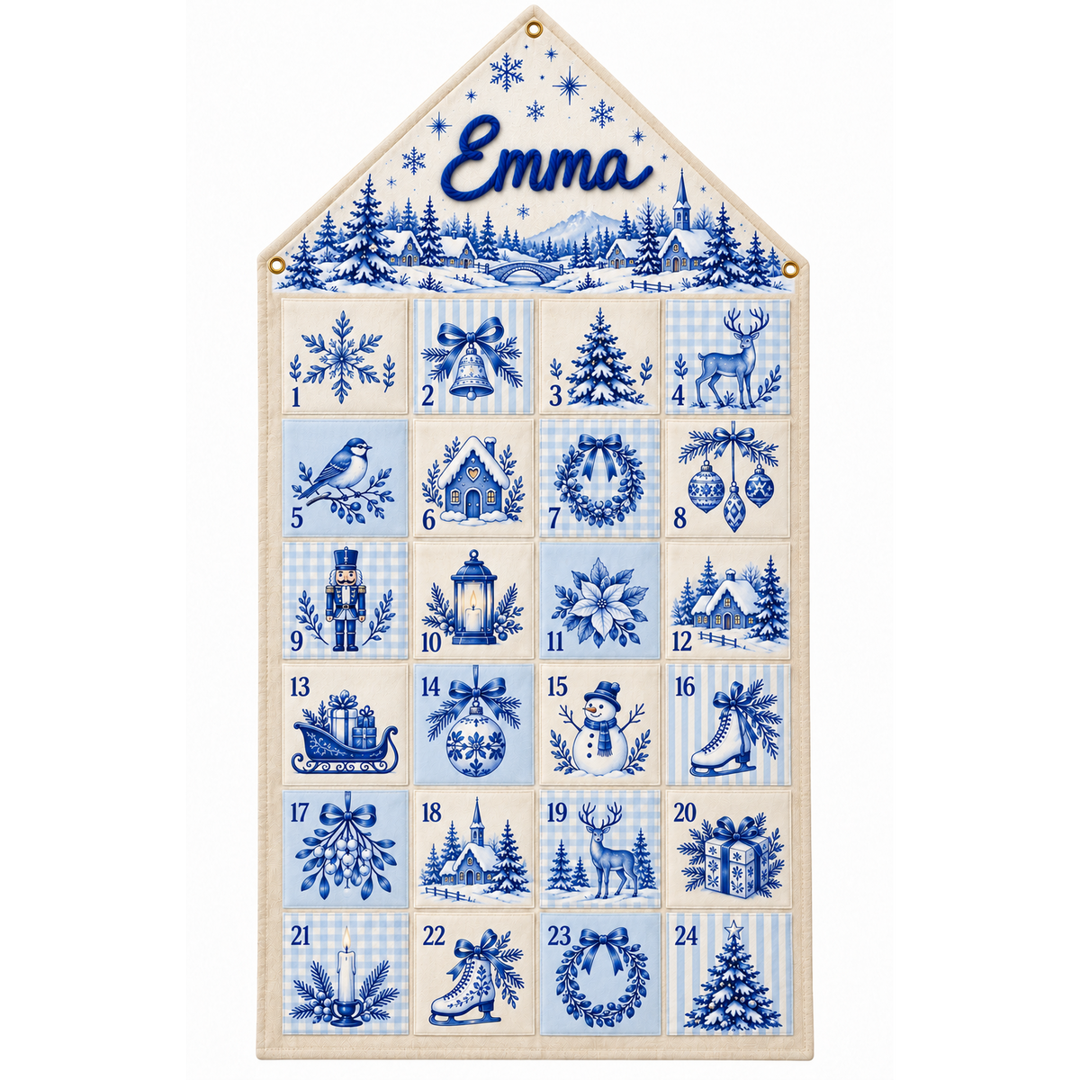 Custom Name Embroid Christmas Advent Calendar Toile De Jouy Vintage Wall Hanging Pocket