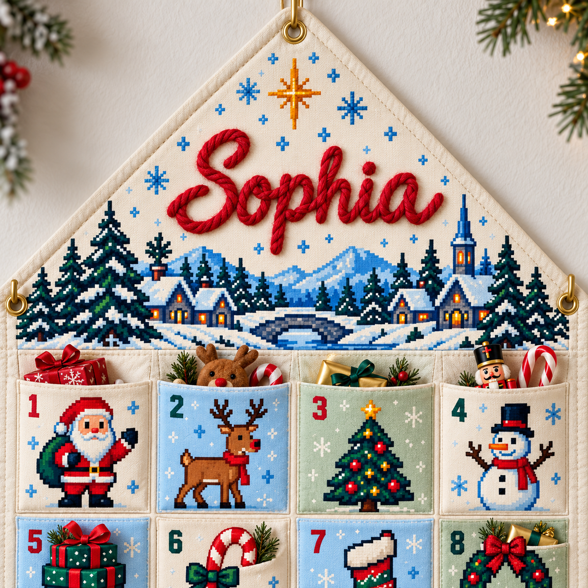 Custom Name Embroid Christmas Advent Calendar Pixel Art Santa Wall Hanging Pocket