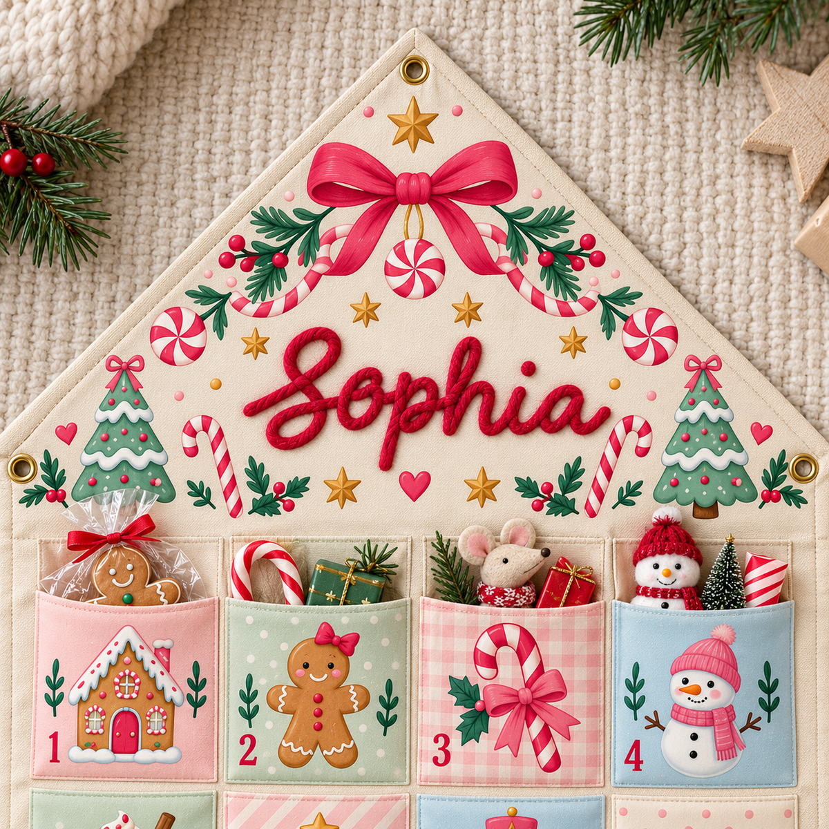 Custom Name Embroid Christmas Advent Calendar Gingerbread Santa Wall Hanging Pocket