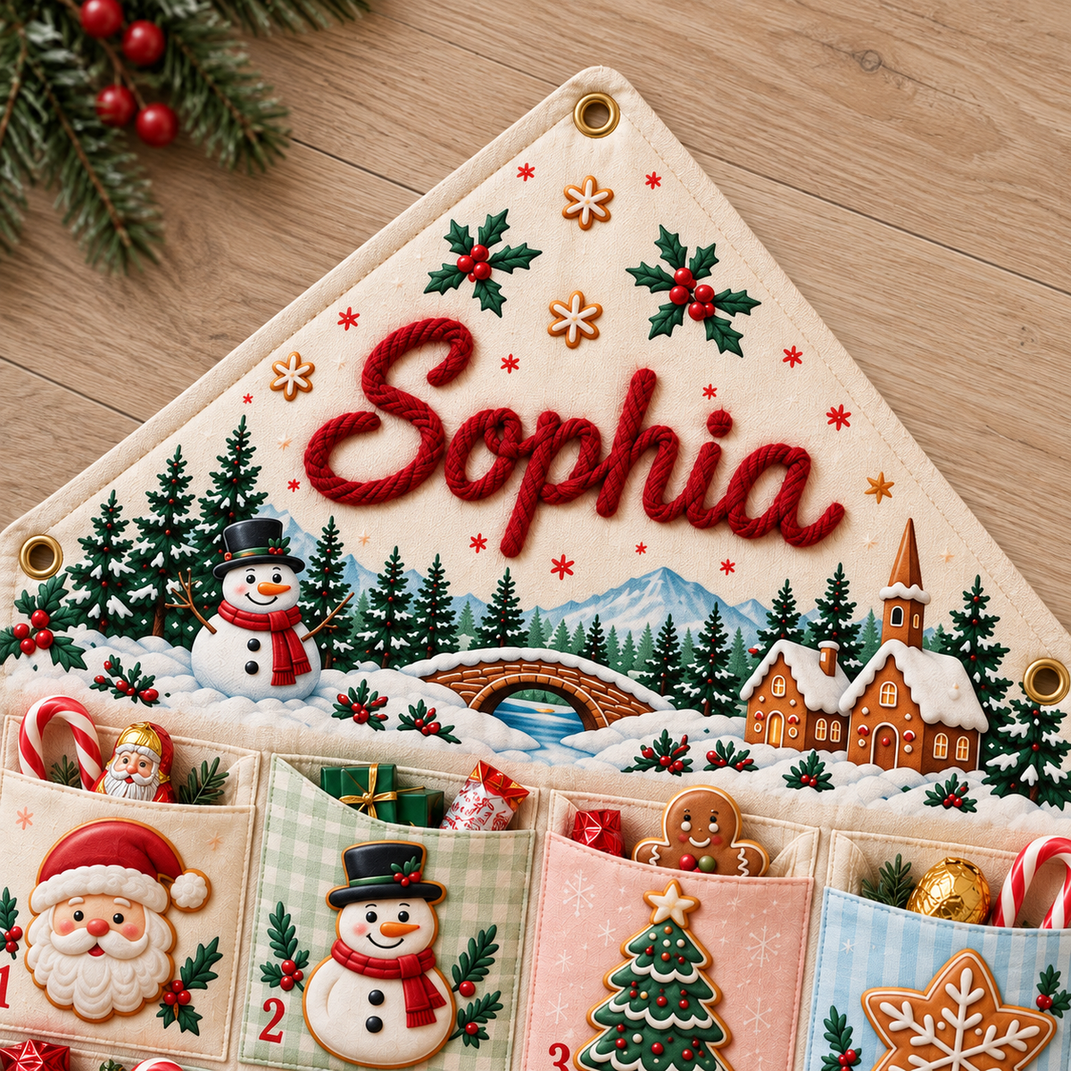 Custom Name Embroid Christmas Advent Calendar Gingerbread Snowman Wall Hanging Pocket