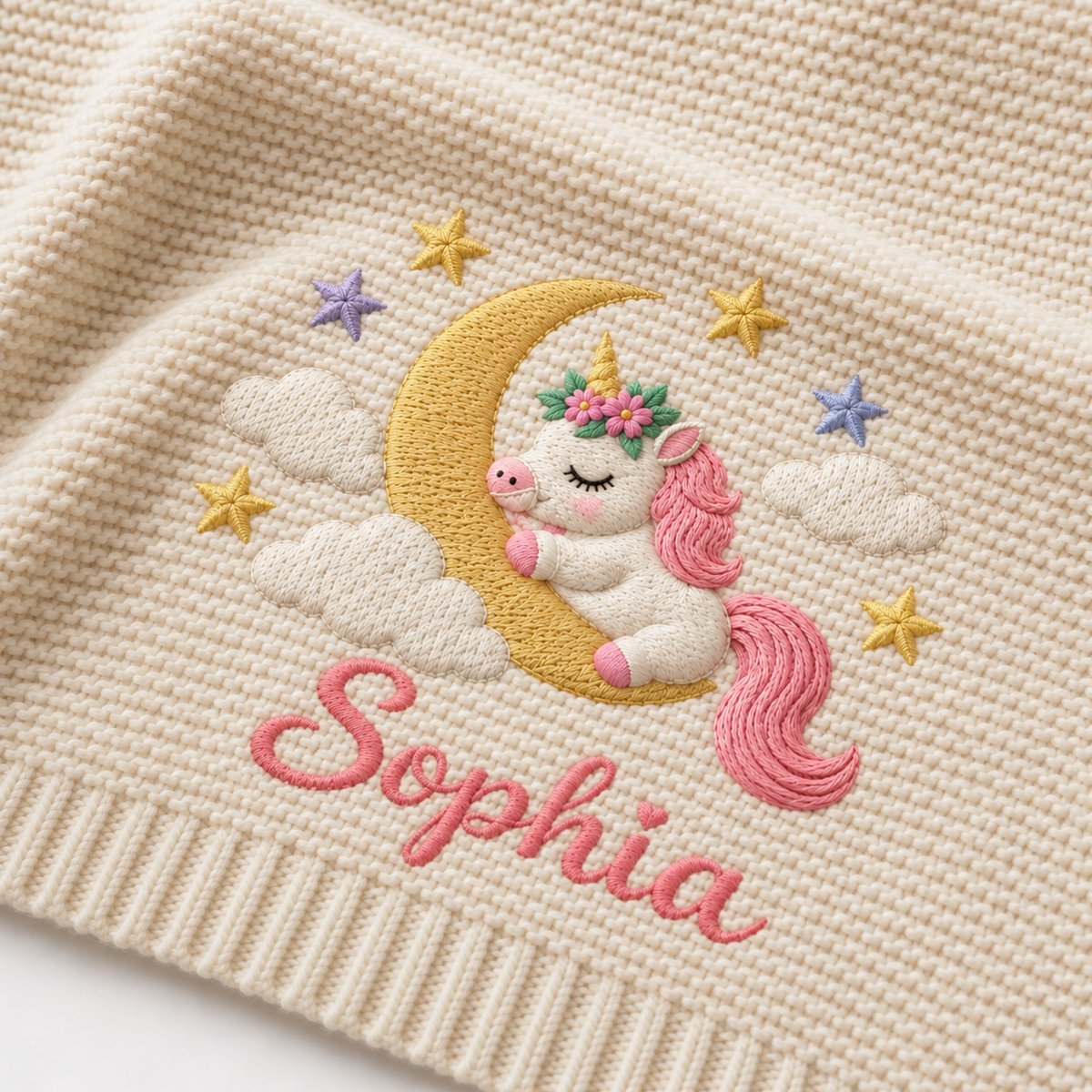 Custom Baby Blanket Embroidered Unicorn Moon Stars Name Knitted Nursery Swaddle Wrap