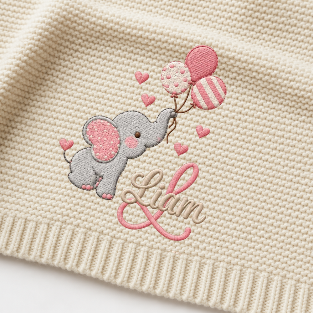 Custom Baby Blanket Embroidered Elephant Balloons Name Knitted Nursery Swaddle Wrap