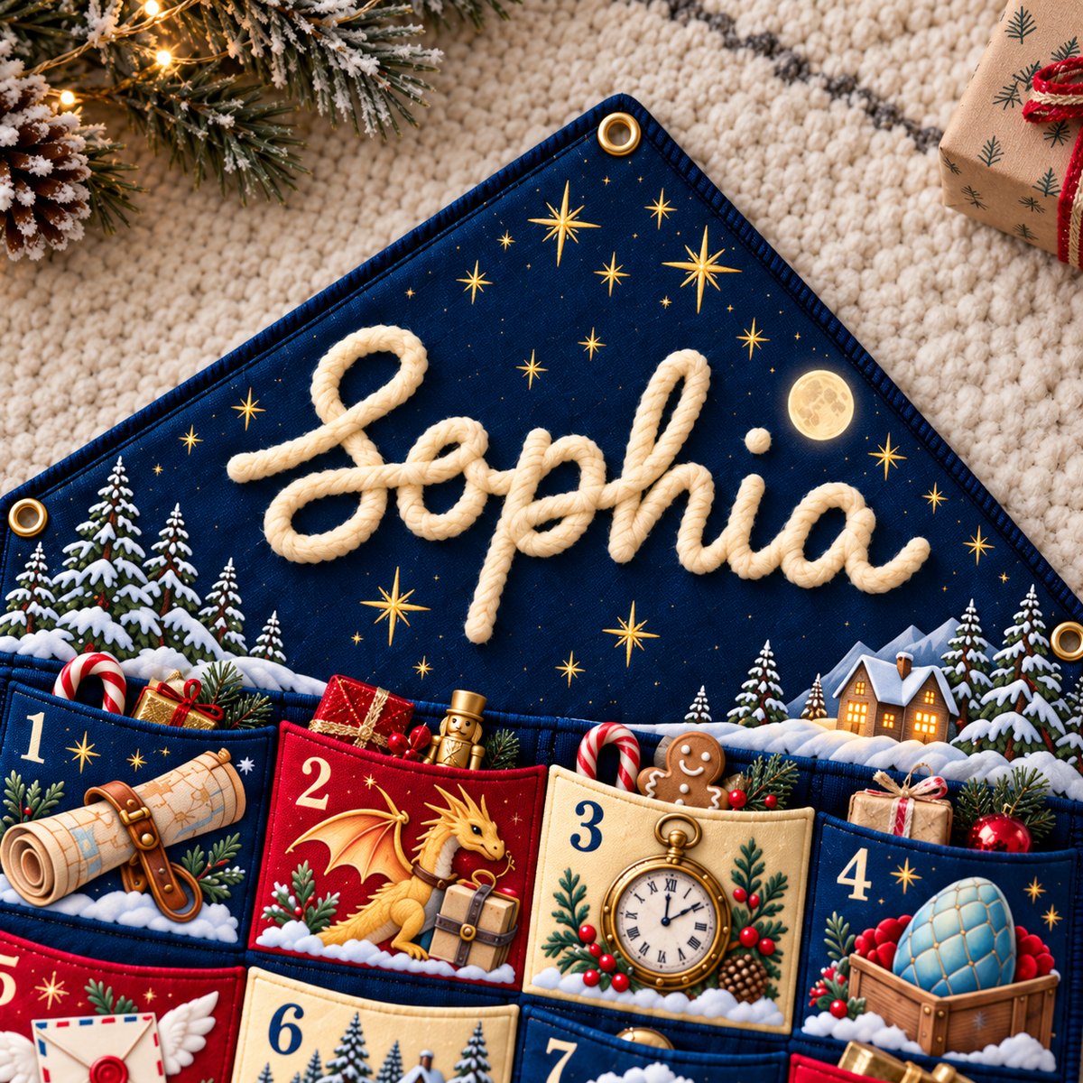 Custom Name Blue Embroid Christmas Advent Calendar Dragon Fantasy Wall Hanging Pocket
