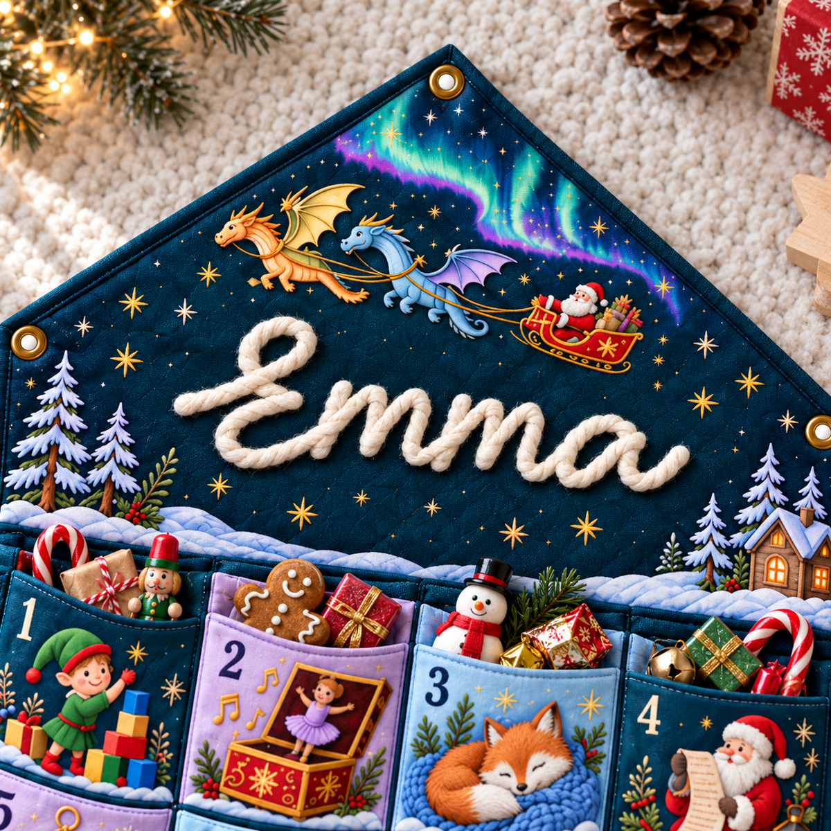 Custom Name Embroid Christmas Advent Calendar Fantasy Dragon Santa Wall Hanging Pocket