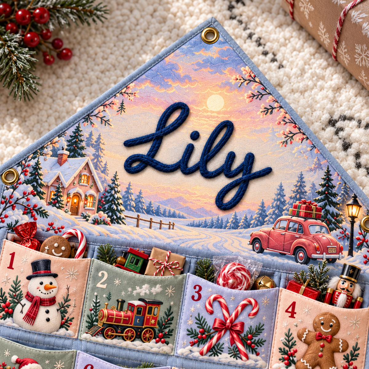 Custom Name Embroid Christmas Advent Calendar Winter Village Snowman Wall Hanging Pocket