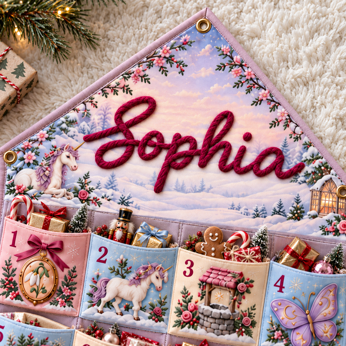 Custom Name Embroid Christmas Advent Calendar Princess Unicorn Wall Hanging Pocket