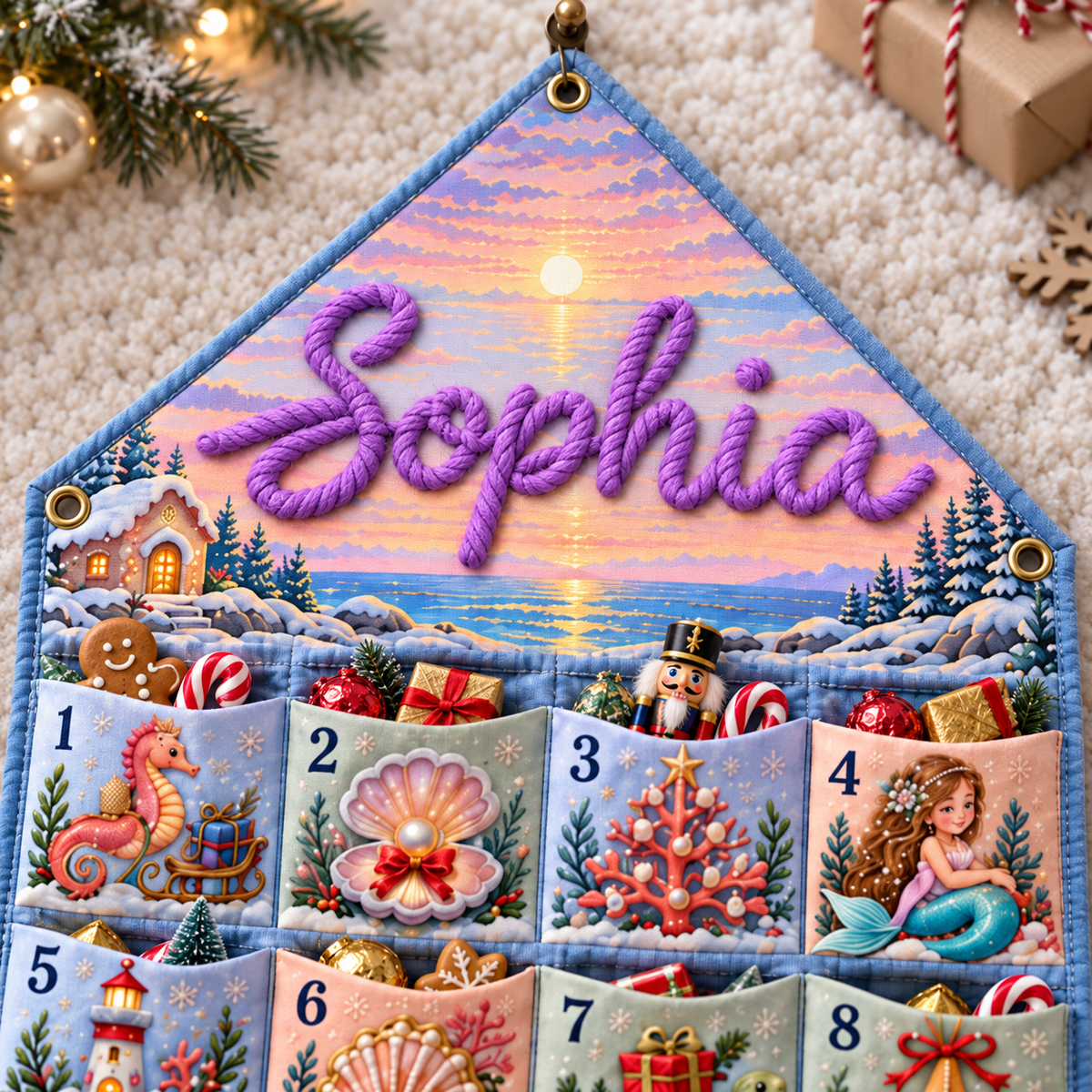 Custom Name Embroid Christmas Advent Calendar Mermaid Coastal Wall Hanging Pocket
