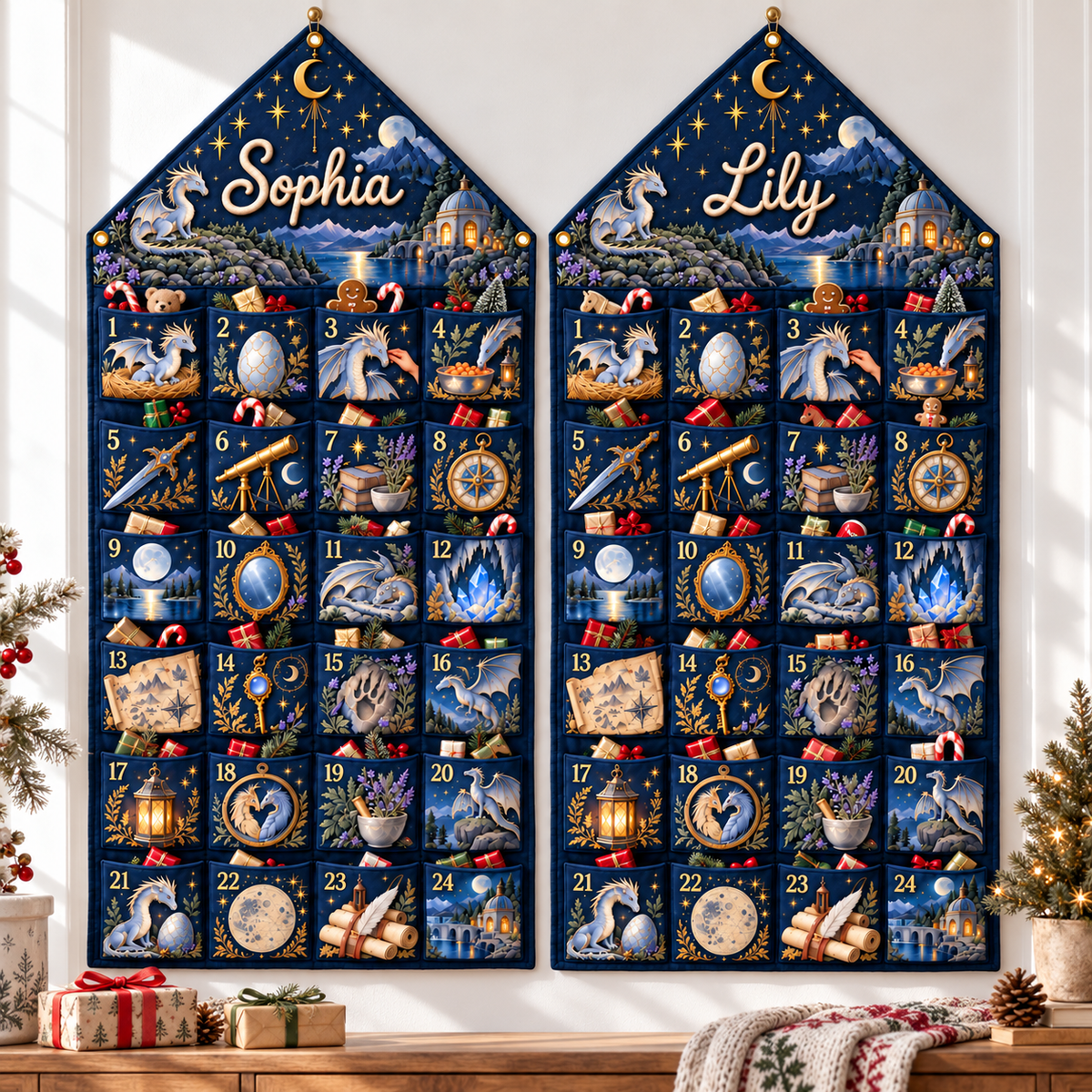 Custom Name Embroid Christmas Advent Calendar Dragon Fantasy Hanging Pocket Tapestry
