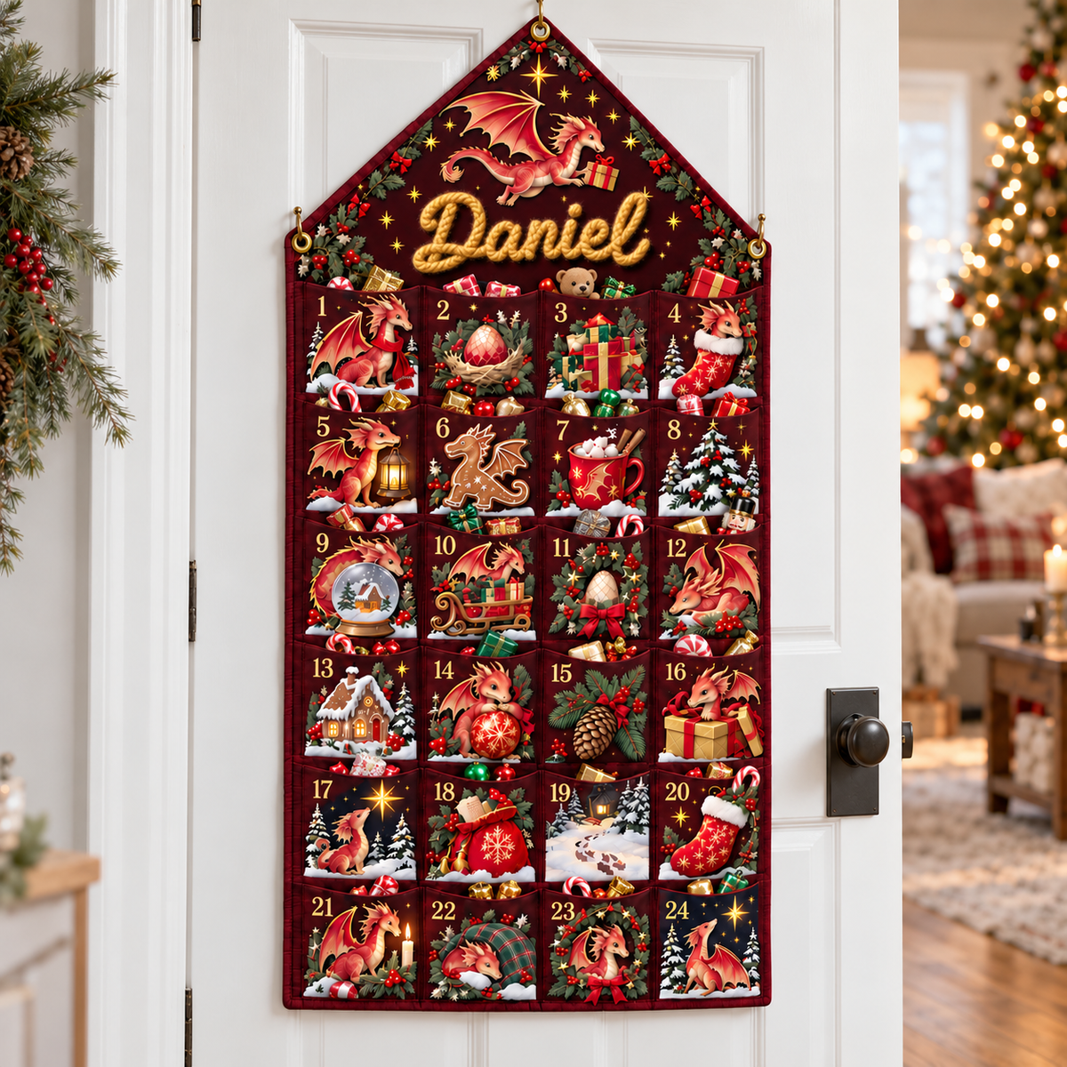 Custom Name Embroid Christmas Advent Calendar Baby Dragon Hanging Pocket Tapestry
