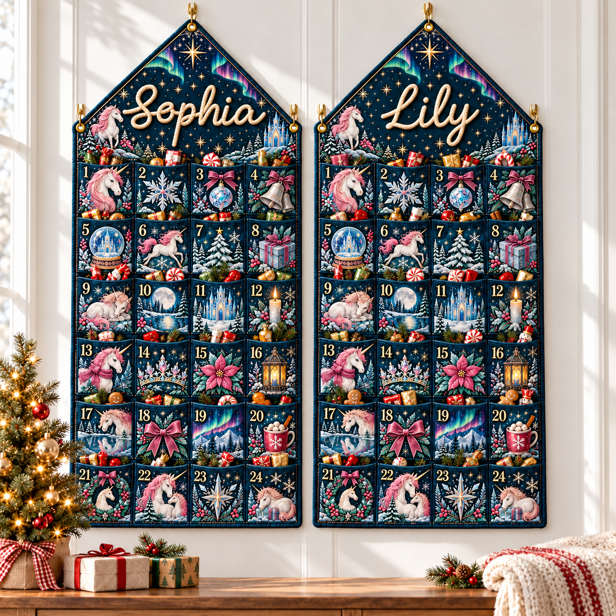Custom Name Embroid Christmas Advent Calendar Unicorn Magic Hanging Pocket Tapestry