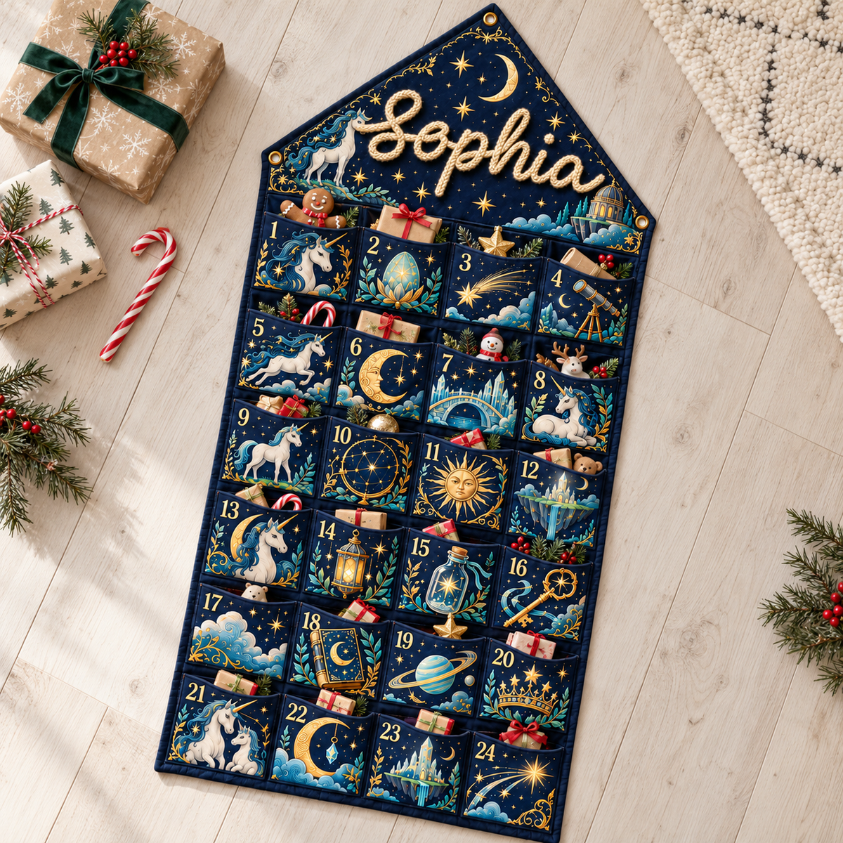 Custom Name Embroid Christmas Advent Calendar Unicorn Celestial Wall Hanging Pocket