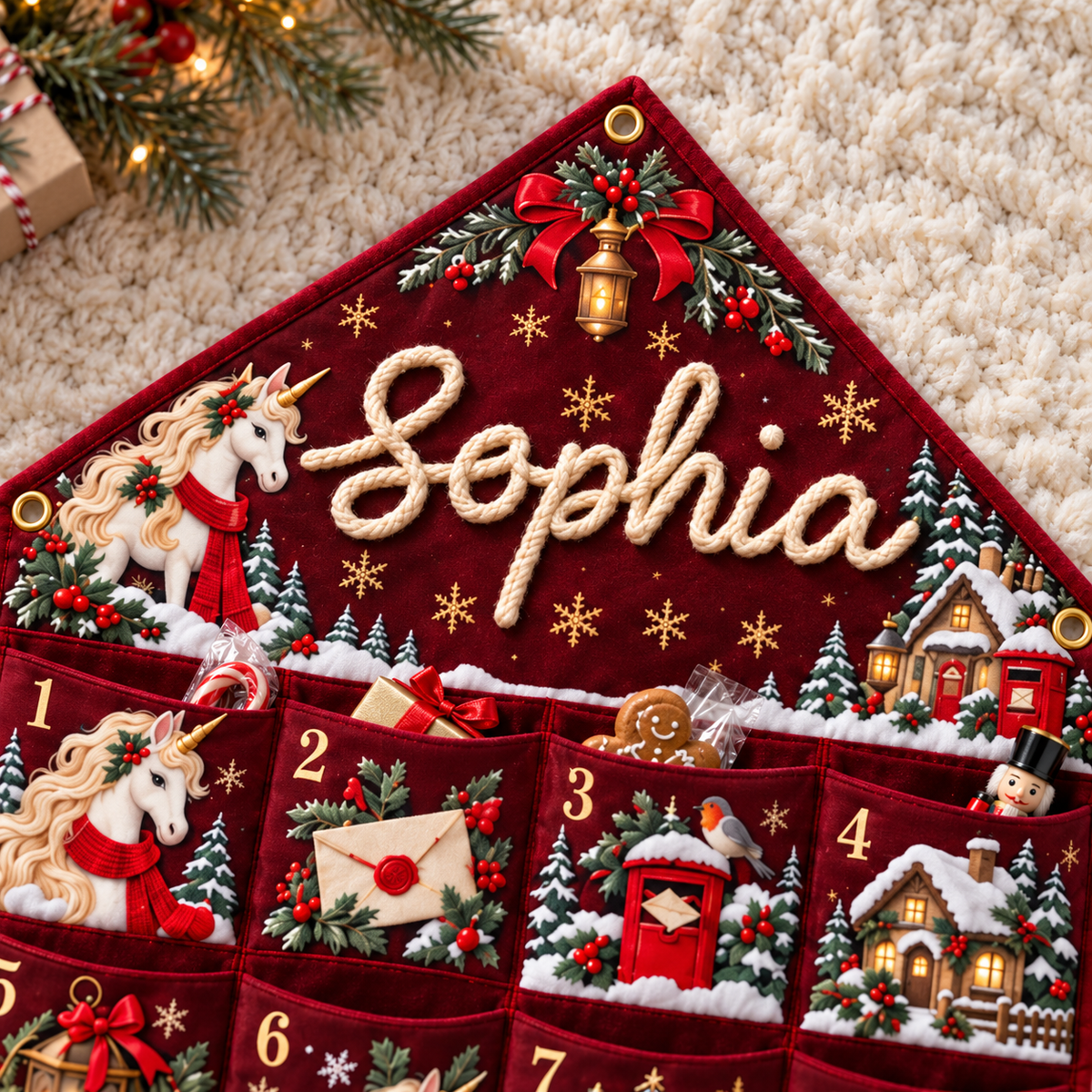 Custom Name Embroid Christmas Advent Calendar Unicorn Festive Wall Hanging Pocket