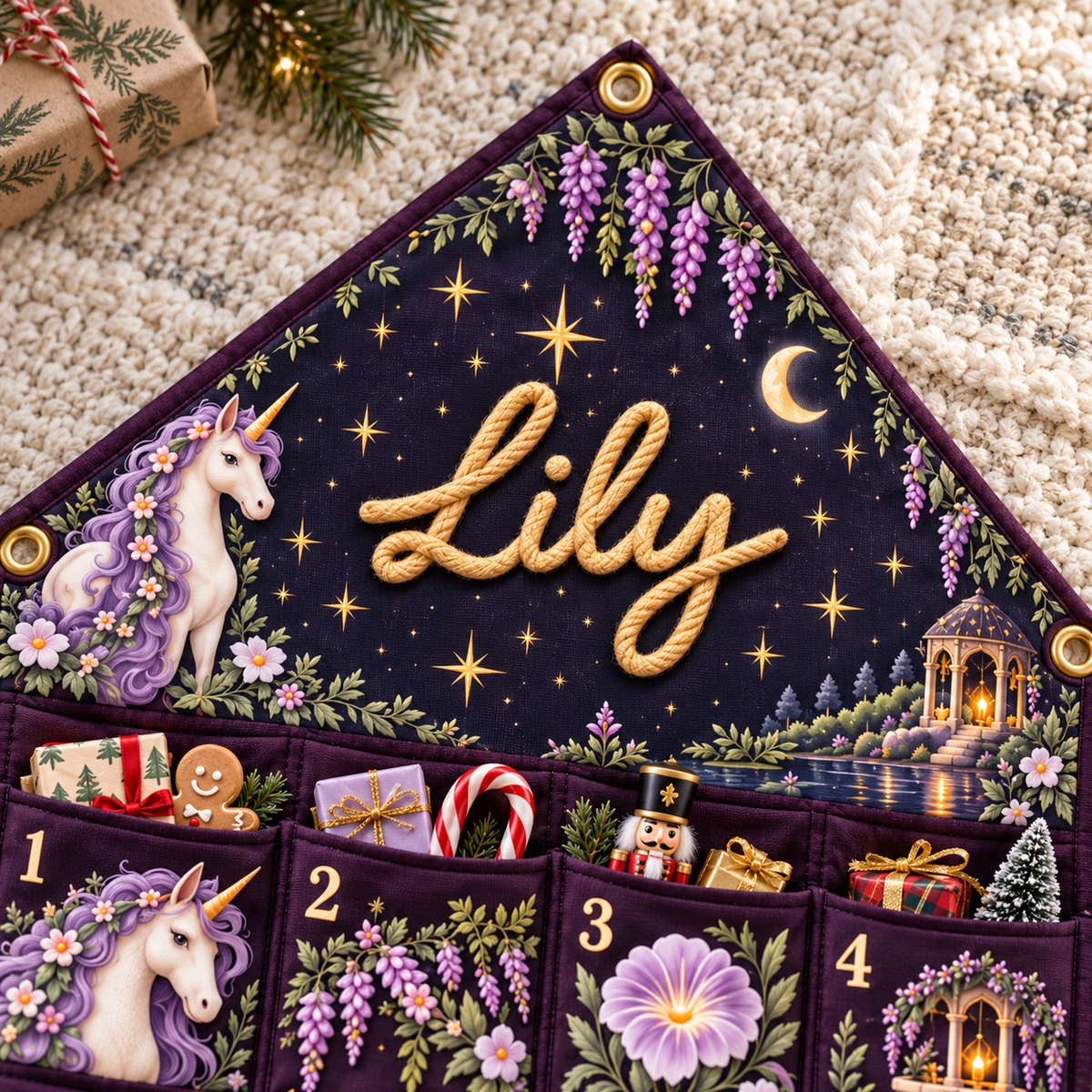 Custom Name Purple Embroid Christmas Advent Calendar Unicorn Wall Hanging Pocket