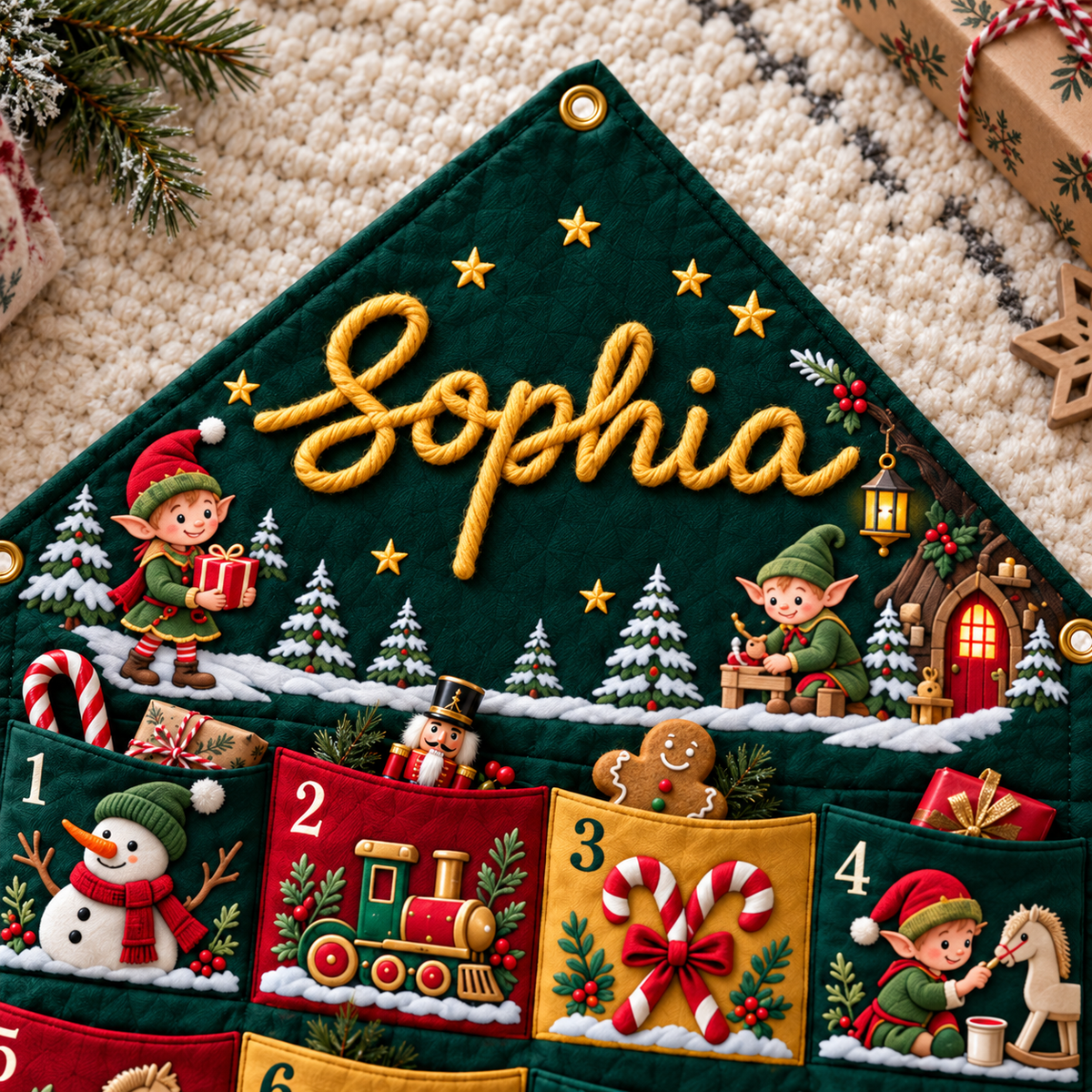 Custom Name Green Embroid Christmas Advent Calendar Elf Santa Wall Hanging Pocket