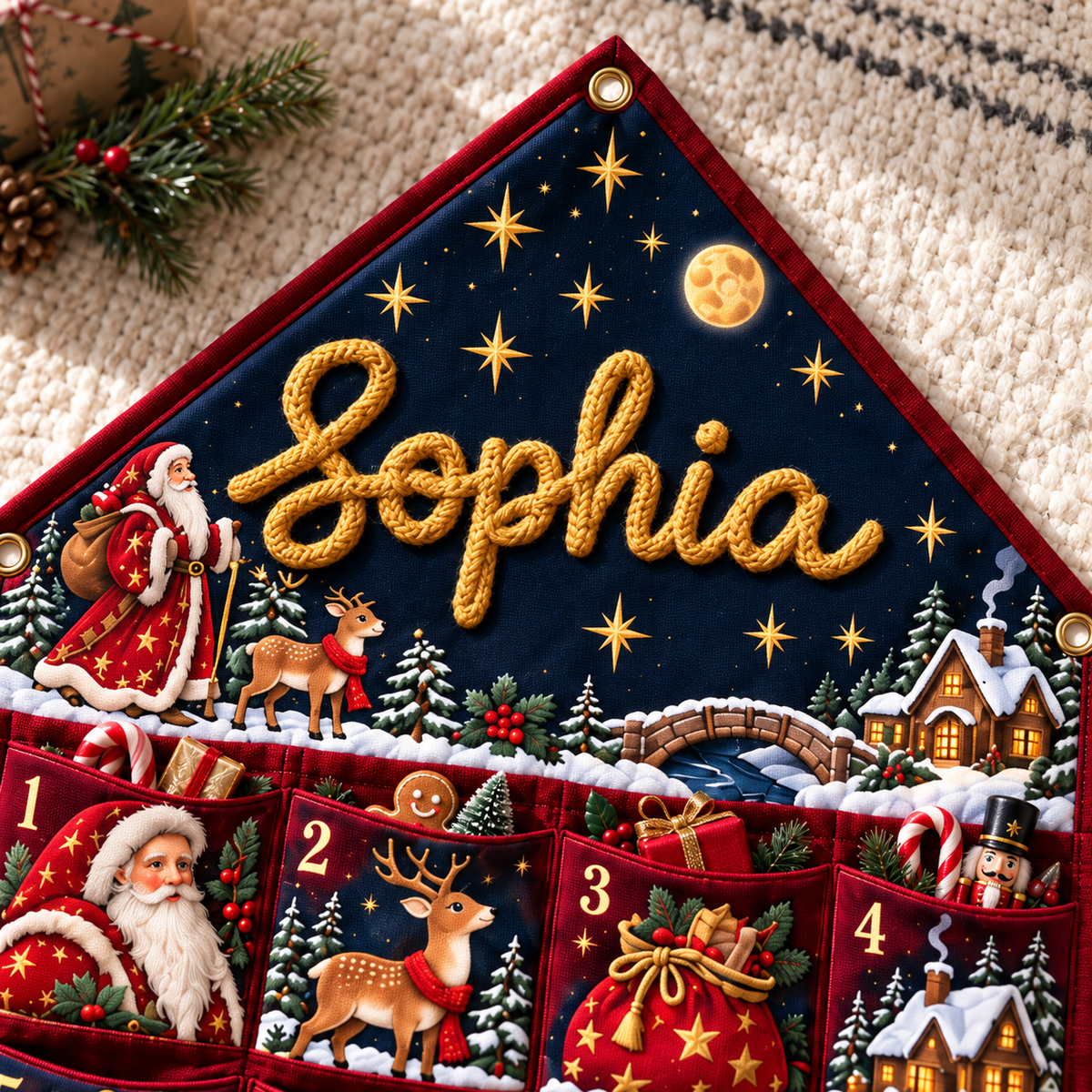 Custom Name Burgundy Embroid Christmas Advent Calendar Santa Reindeer Hanging Pocket