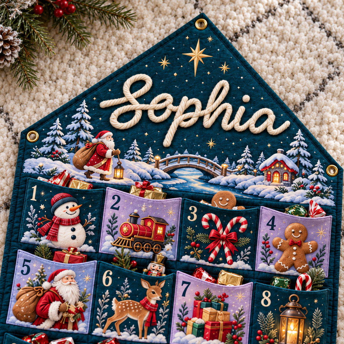 Custom Name Teal Embroid Christmas Advent Calendar Festive Snowman Wall Hanging Pocket