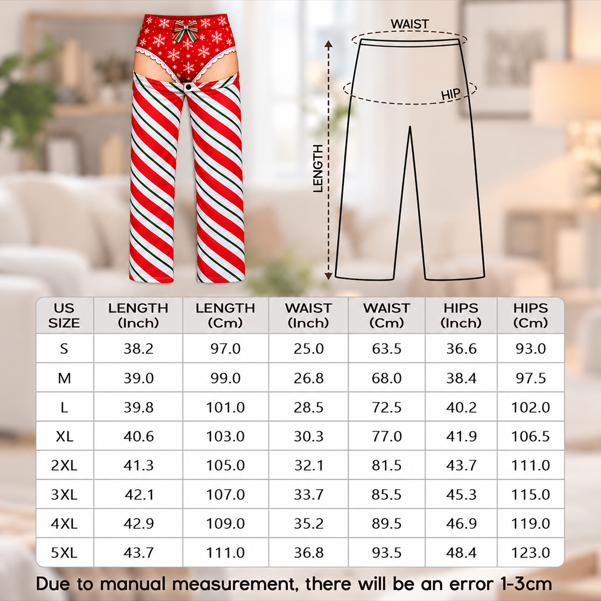Custom Christmas Candy Cane Snowflake Funny Pajamas Open Back Chaps Loungewear Pants