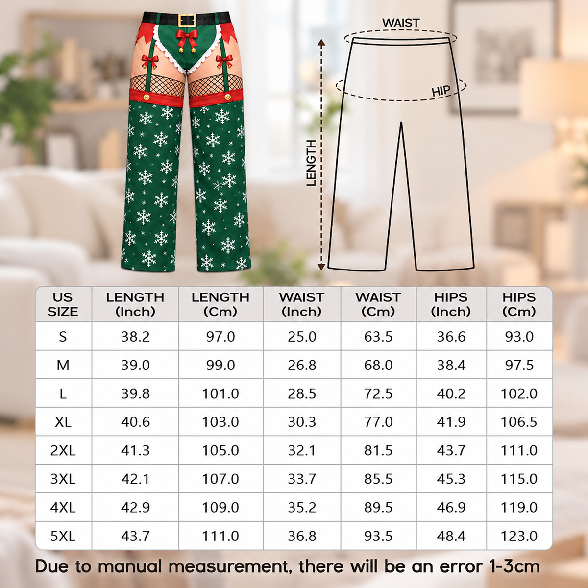 Custom Christmas Elf Snowflake Bow Bell Funny Pajamas Open Back Chaps Loungewear Pants