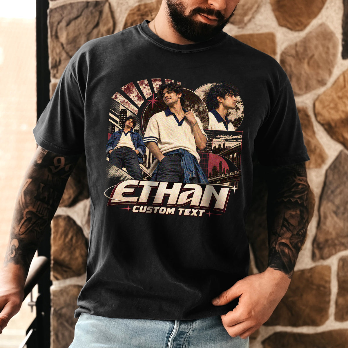Custom Photo T-Shirt Y2K Star Arch Graphic Tee Personalized Picture Name Apparel
