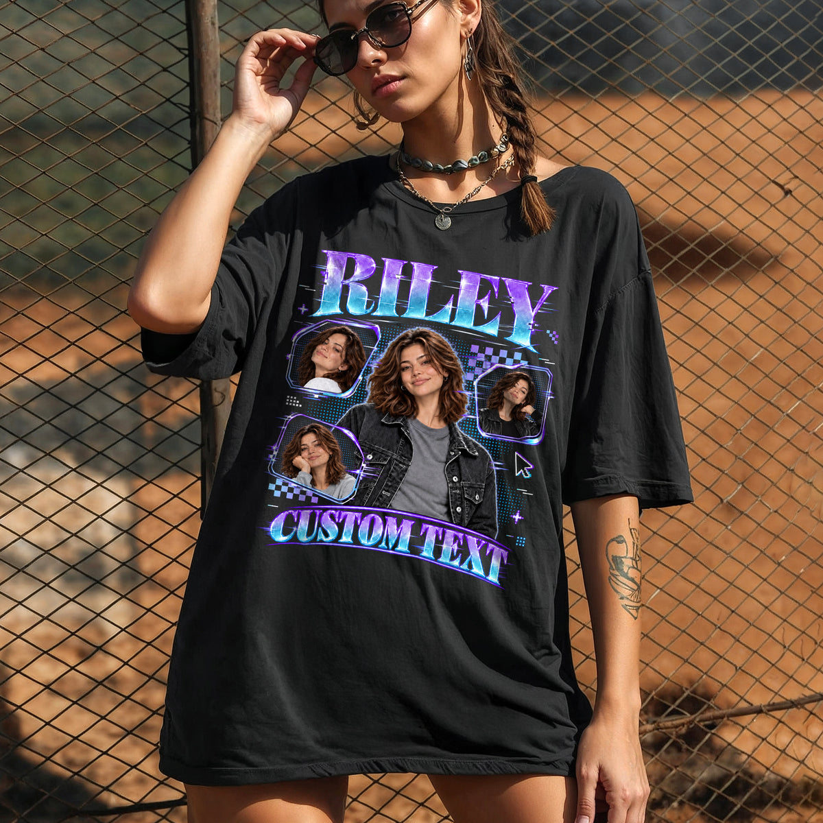 Custom Photo T-Shirt Y2K Neon Grid Aesthetic Tee Personalized Picture Name Clothing