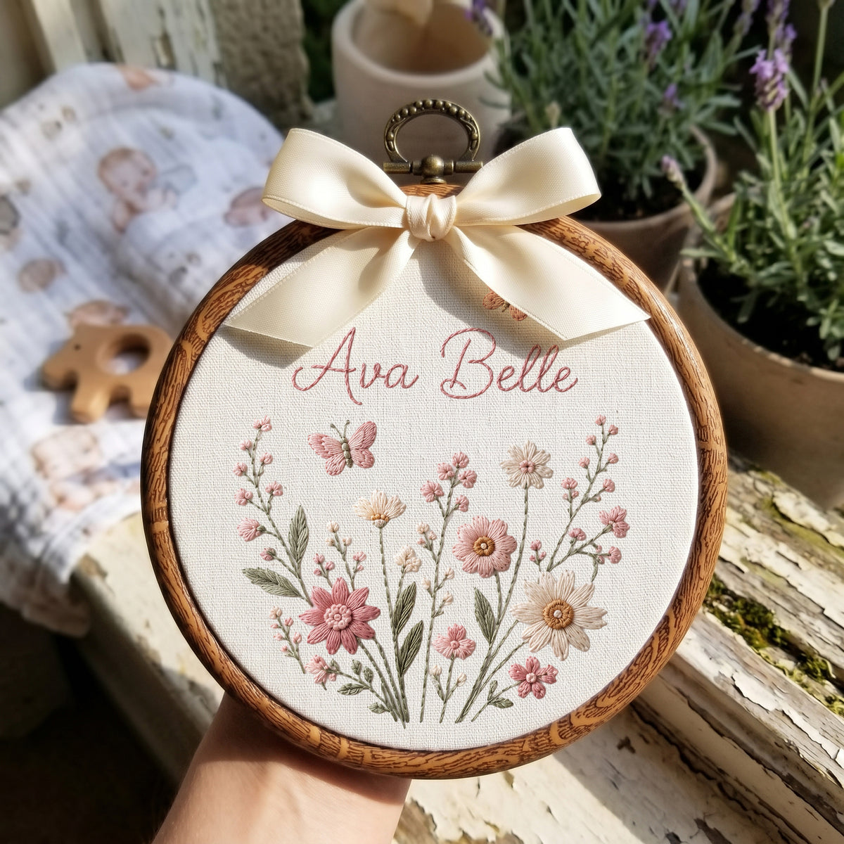 Personalized Blue Wildflowers Butterflies Embroidery Hoop Art Nursery Decor Keepsake