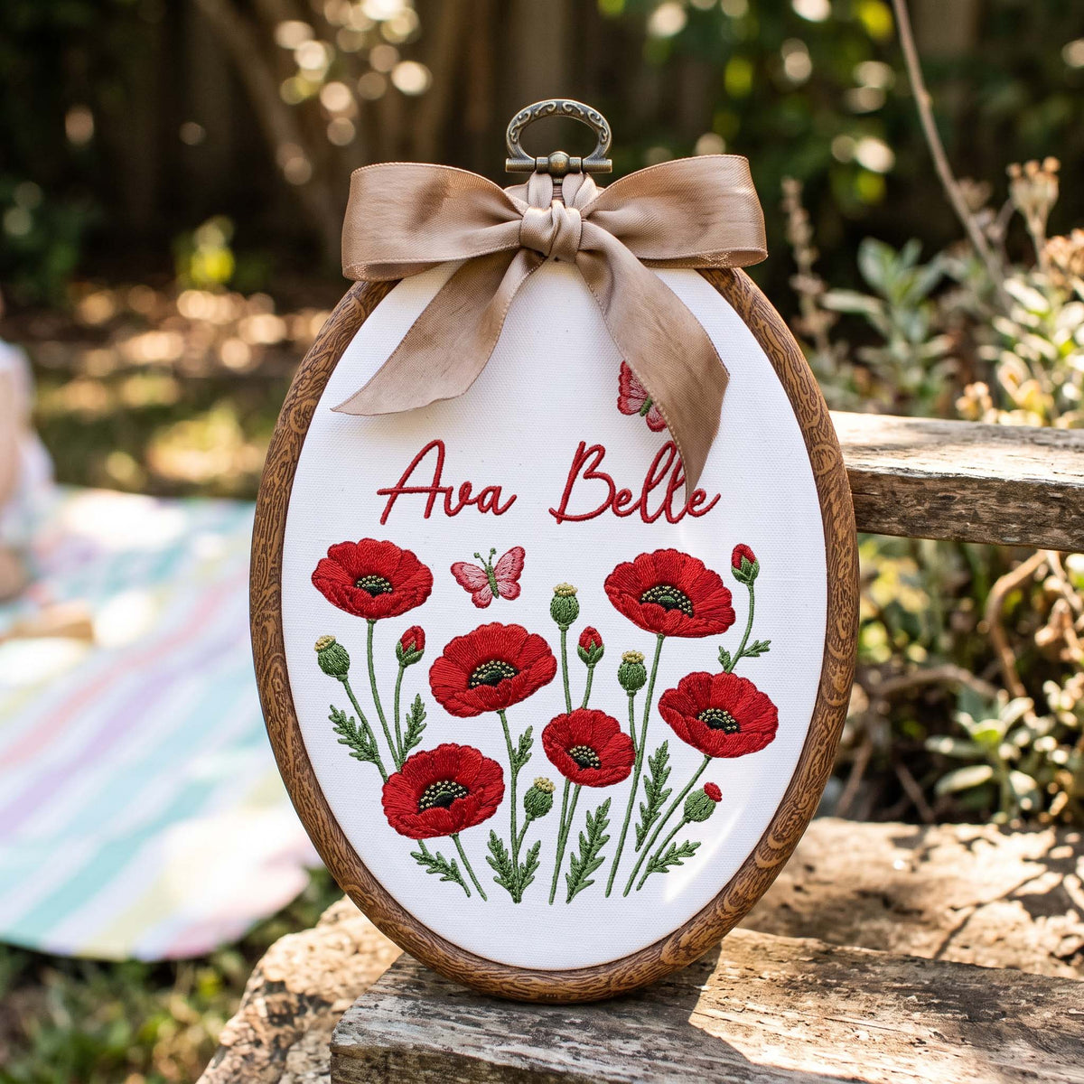 Personalized Baby Name Red Poppies Butterflies Embroidery Hoop Art Nursery Decor Keepsake