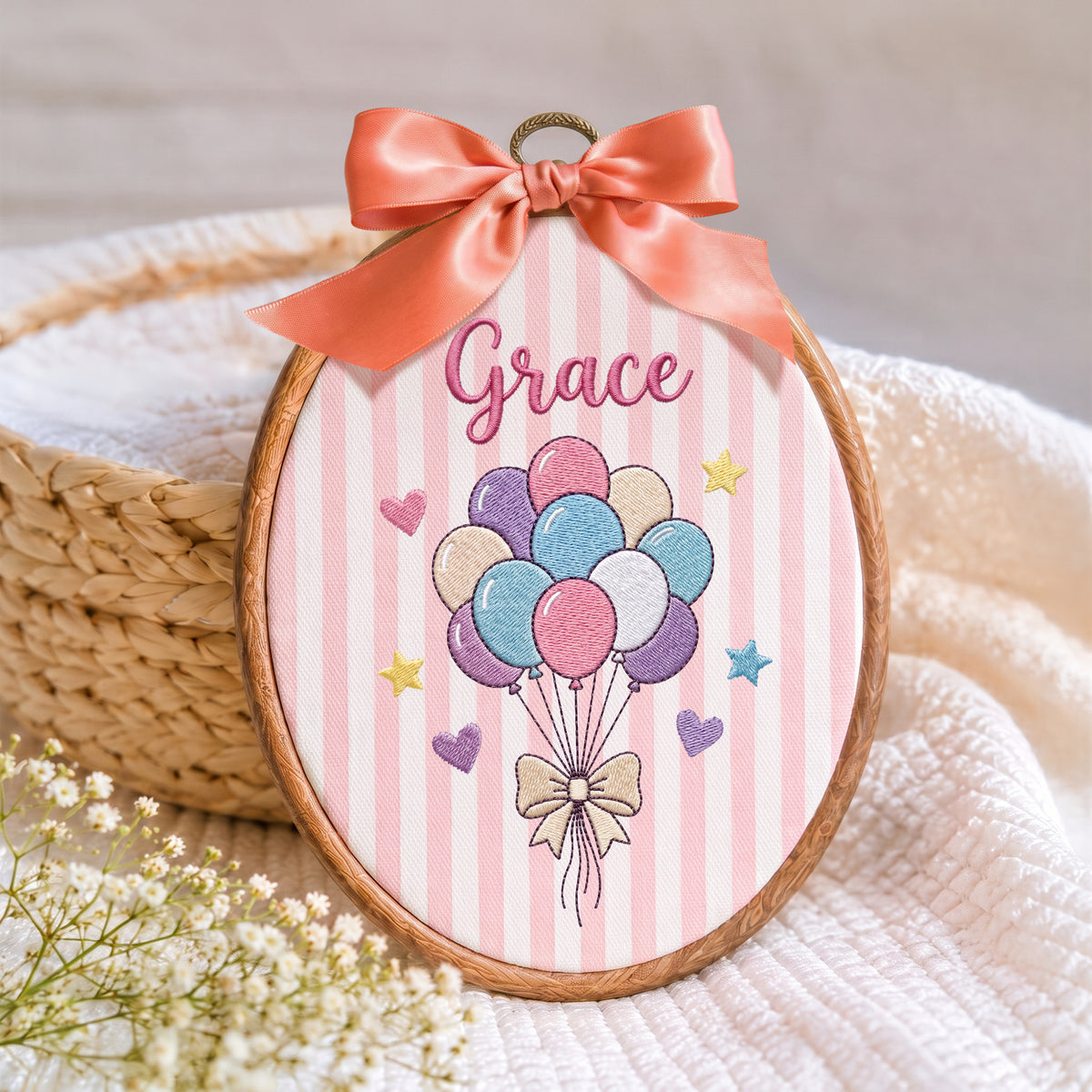 Personalized Baby Name Balloon Embroidery Hoop Art Custom Nursery Wall Decor Keepsake