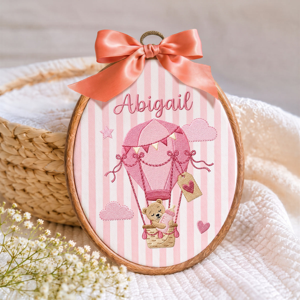 Custom Baby Name Bear Balloon Embroidery Hoop Art Nursery Wall Decor Personalized Keepsake