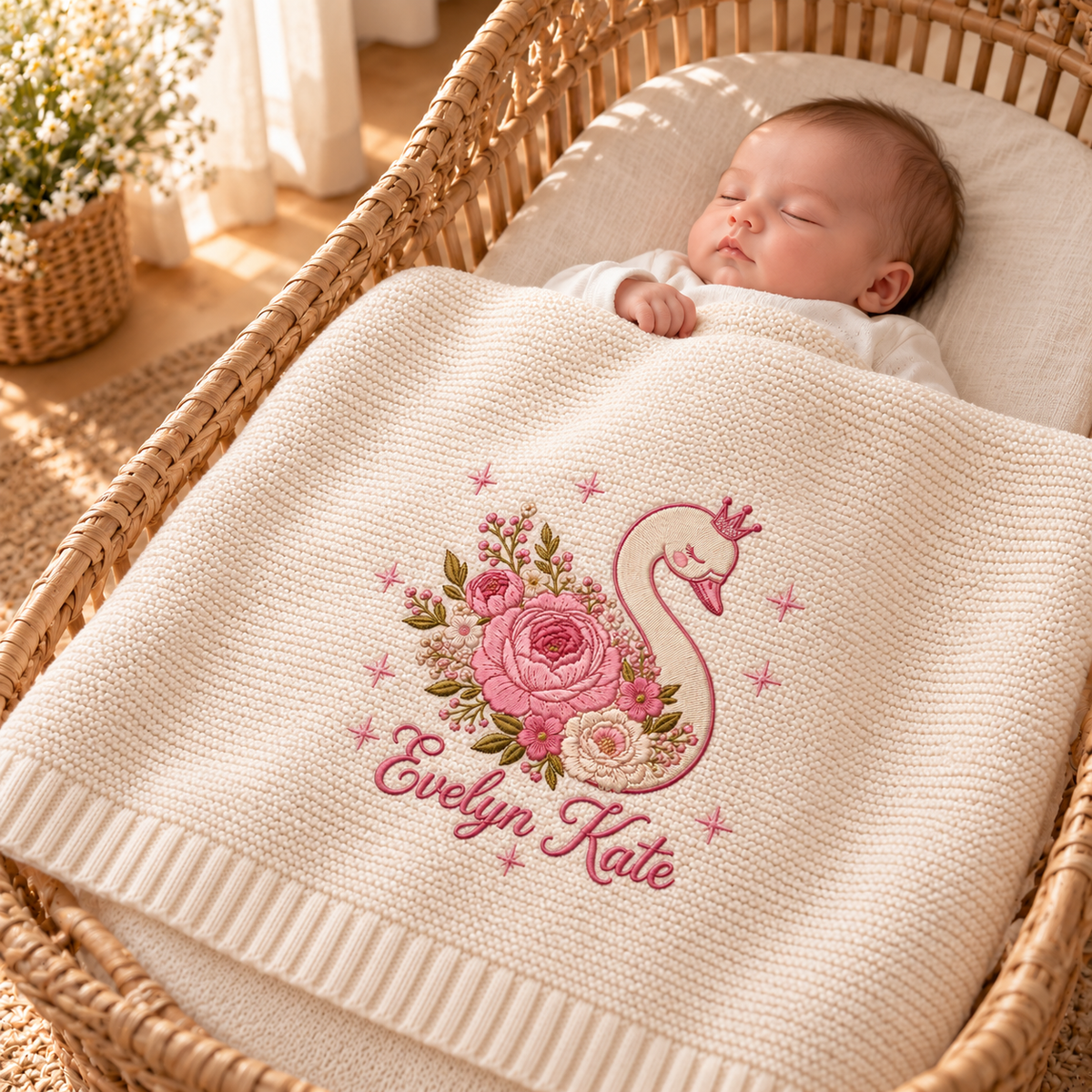 Custom Name Baby Knitted Blanket Swan Floral Crown Warm Infant Swaddle Sheet Throw Cover