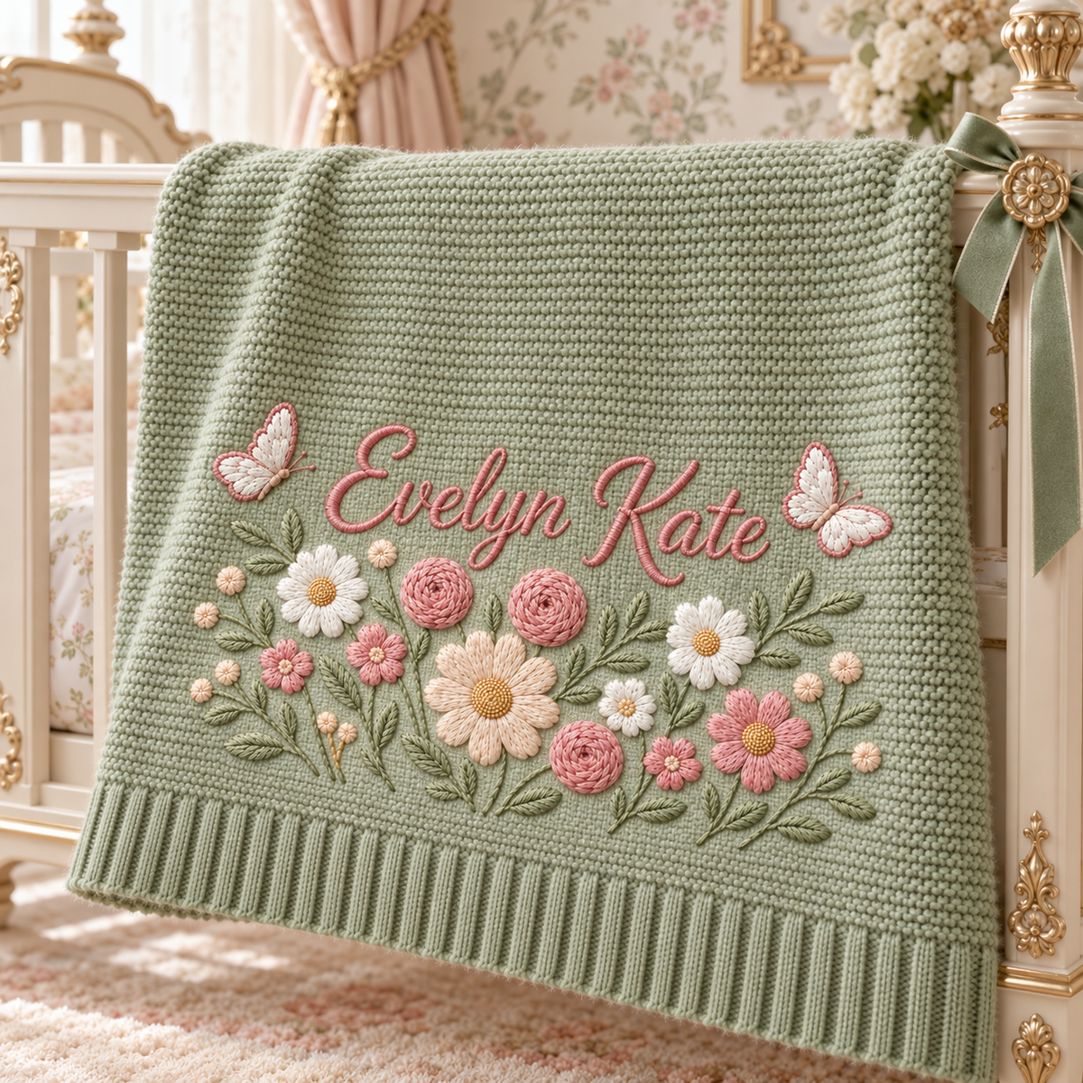 Custom Name Baby Knitted Blanket Garden Flowers Butterflies Warm Infant Swaddle Sheet
