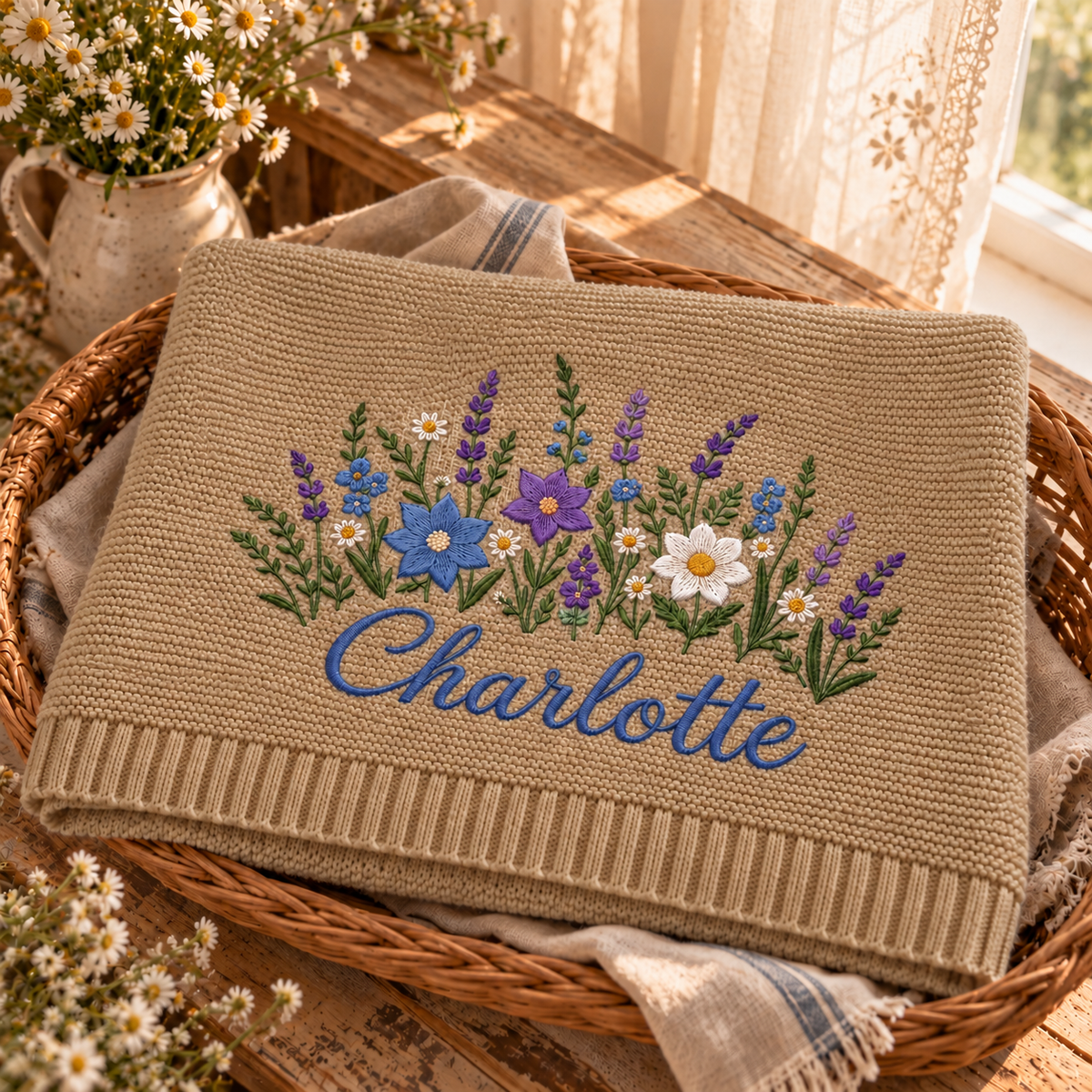 Custom Name Baby Knitted Blanket Lavender Wildflowers Warm Infant Swaddle Sheet Throw