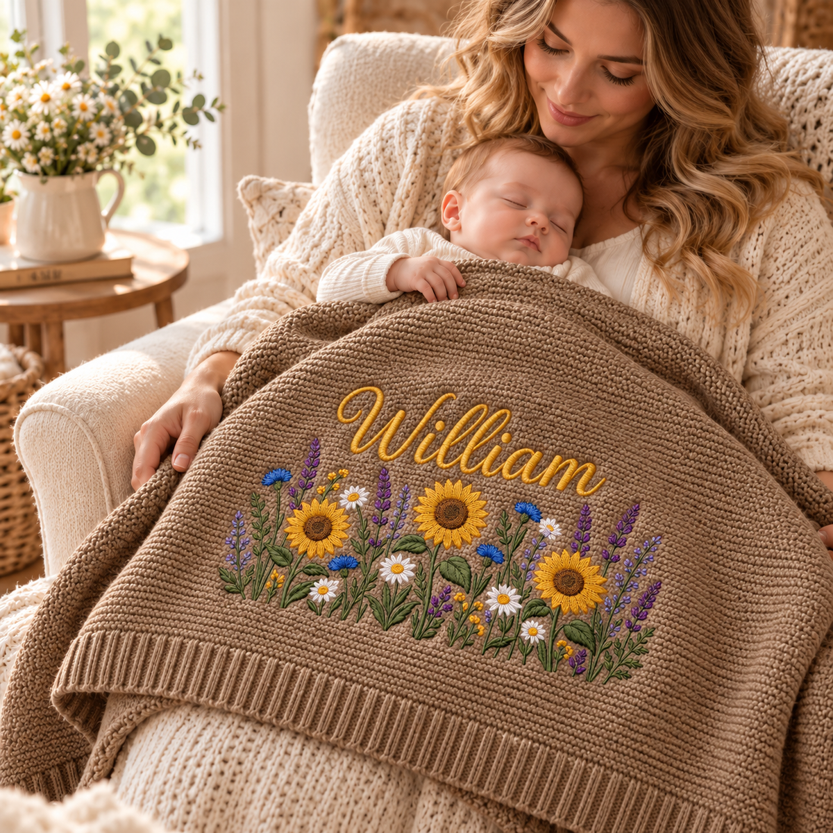 Custom Name Baby Knitted Blanket Sunflowers Lavender Warm Infant Swaddle Sheet Throw