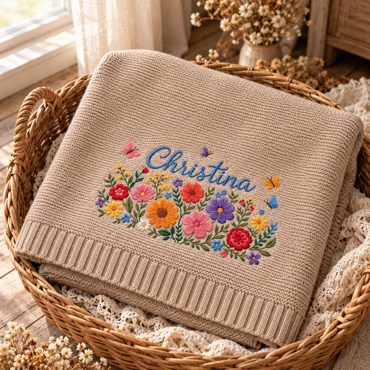 Custom Name Baby Knitted Blanket Wildflowers Butterflies Warm Infant Swaddle Sheet Throw