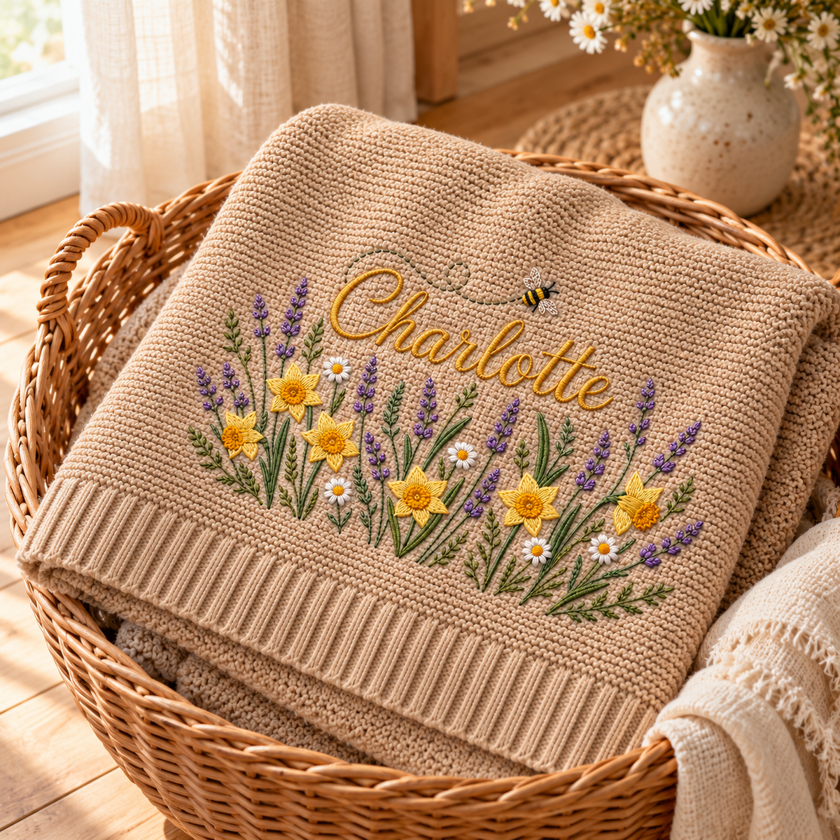 Custom Name Baby Knitted Blanket Daffodils Lavender Bee Warm Infant Swaddle Sheet Throw