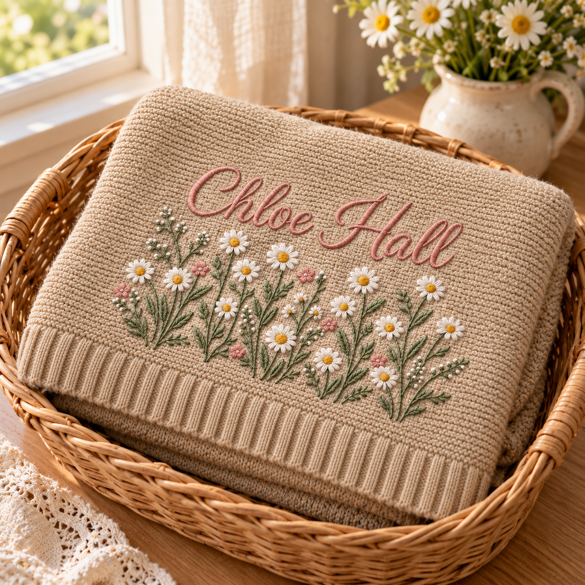 Custom Name Baby Knitted Blanket Daisy Flowers Garden Warm Infant Swaddle Sheet Throw