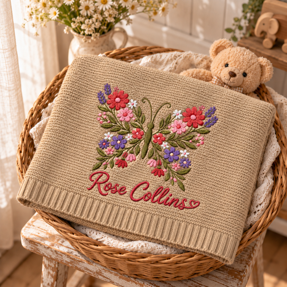 Custom Name Baby Knitted Blanket Floral Butterfly Warm Infant Swaddle Sheet Throw Cover