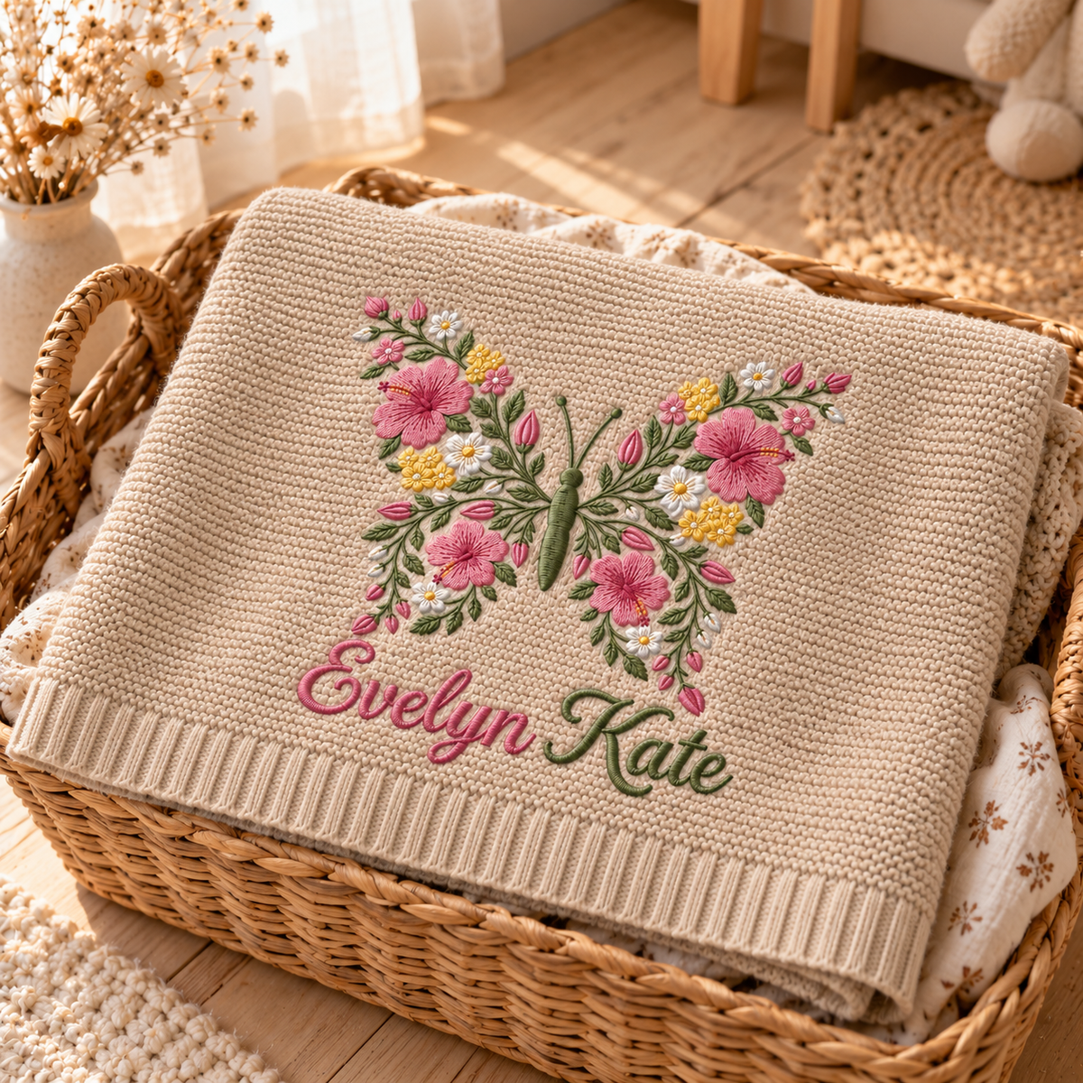 Custom Name Baby Knitted Blanket Butterfly Flowers Warm Infant Swaddle Sheet Throw Cover