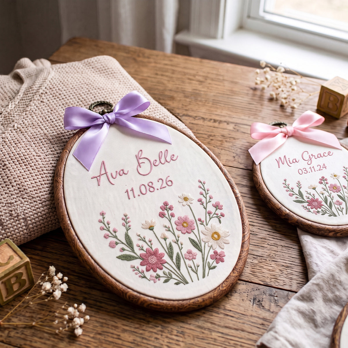 Personalized Floral Name Embroidery Hoop Art Custom Baby Nursery Wall Decor Keepsake