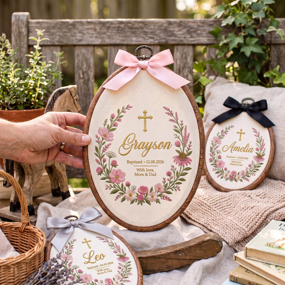 Personalized Baby Name Baptism Embroidery Hoop Art Custom Christening Floral Keepsake